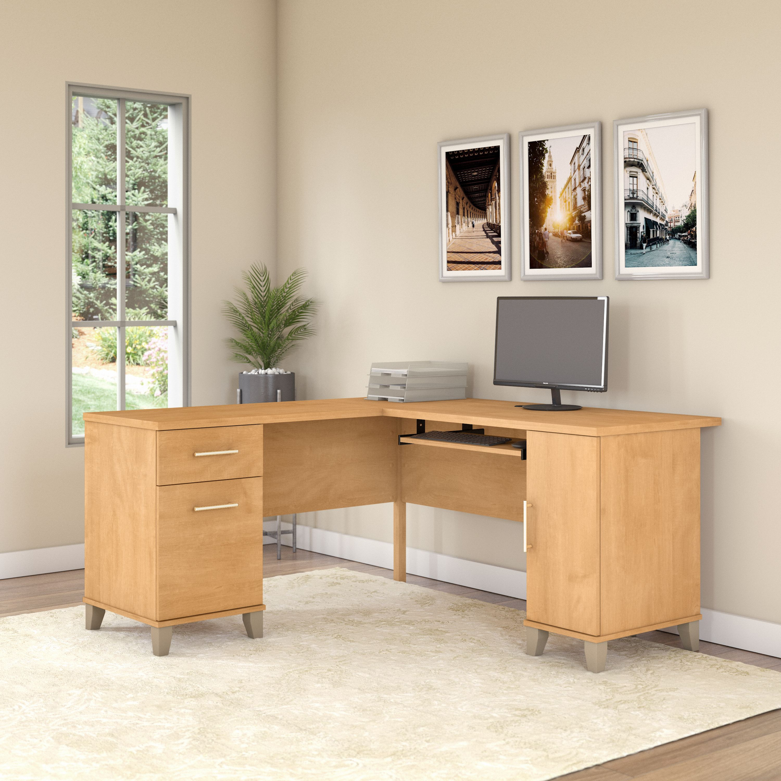 Shop Bush Furniture Somerset 60W L Shaped Desk with Storage 01 WC81430K #color_maple cross