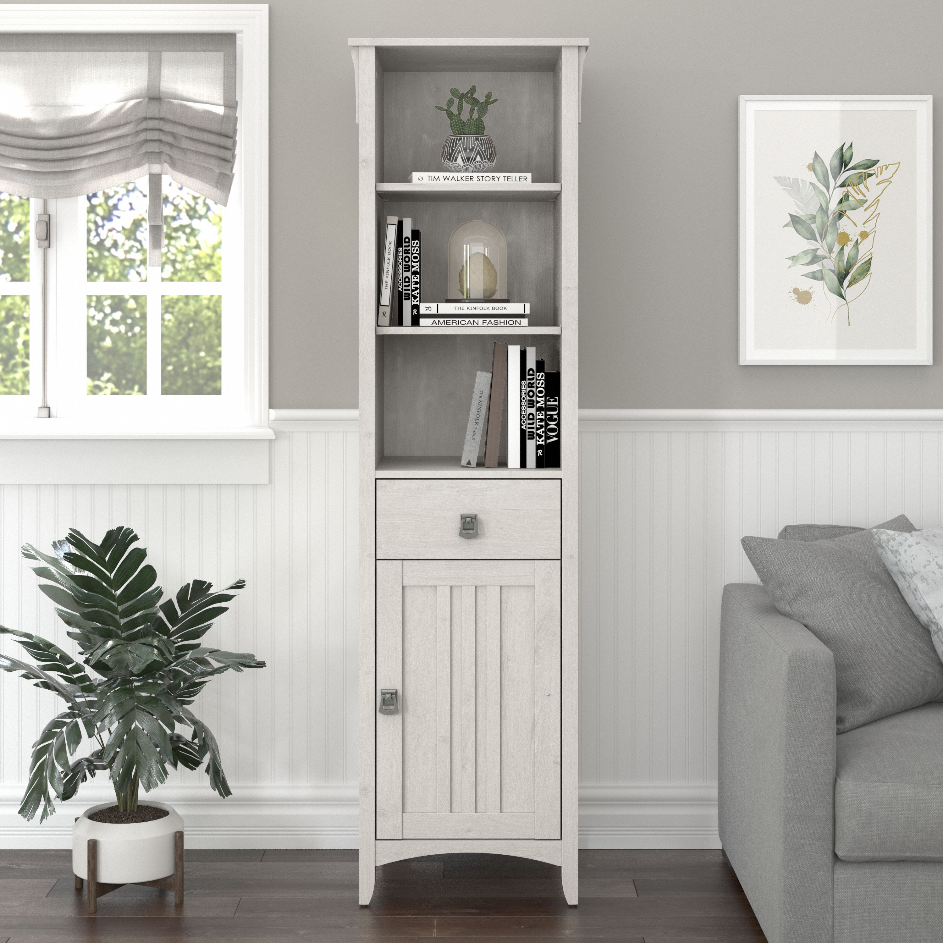 Shop Bush Furniture Salinas Tall Narrow Bookcase Cabinet 01 SAS168LW-Z #color_linen white oak