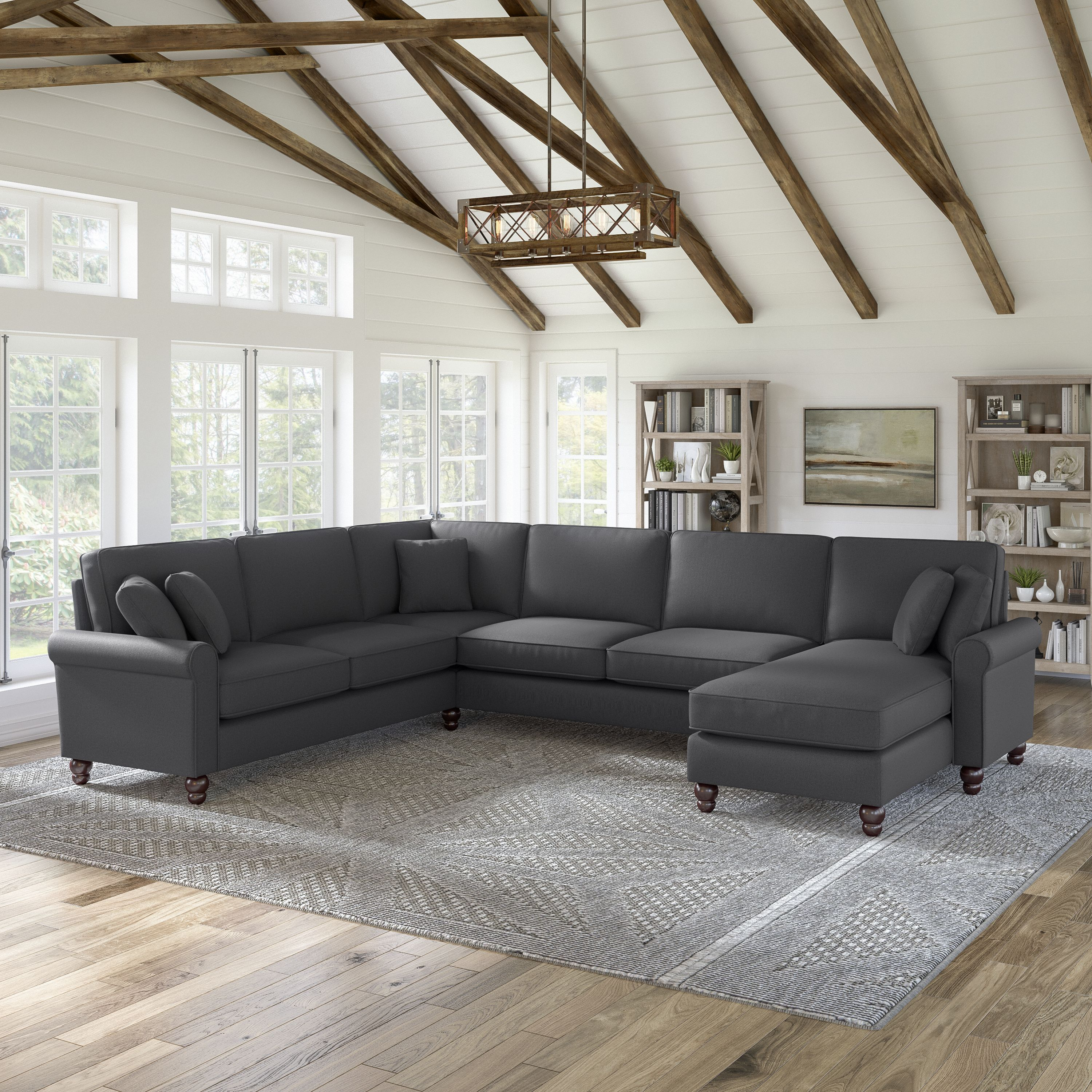 Shop Bush Furniture Hudson 128W U Shaped Sectional Couch with Reversible Chaise Lounge 01 HDY127BCGH-03K #color_charcoal gray herringbone fabr