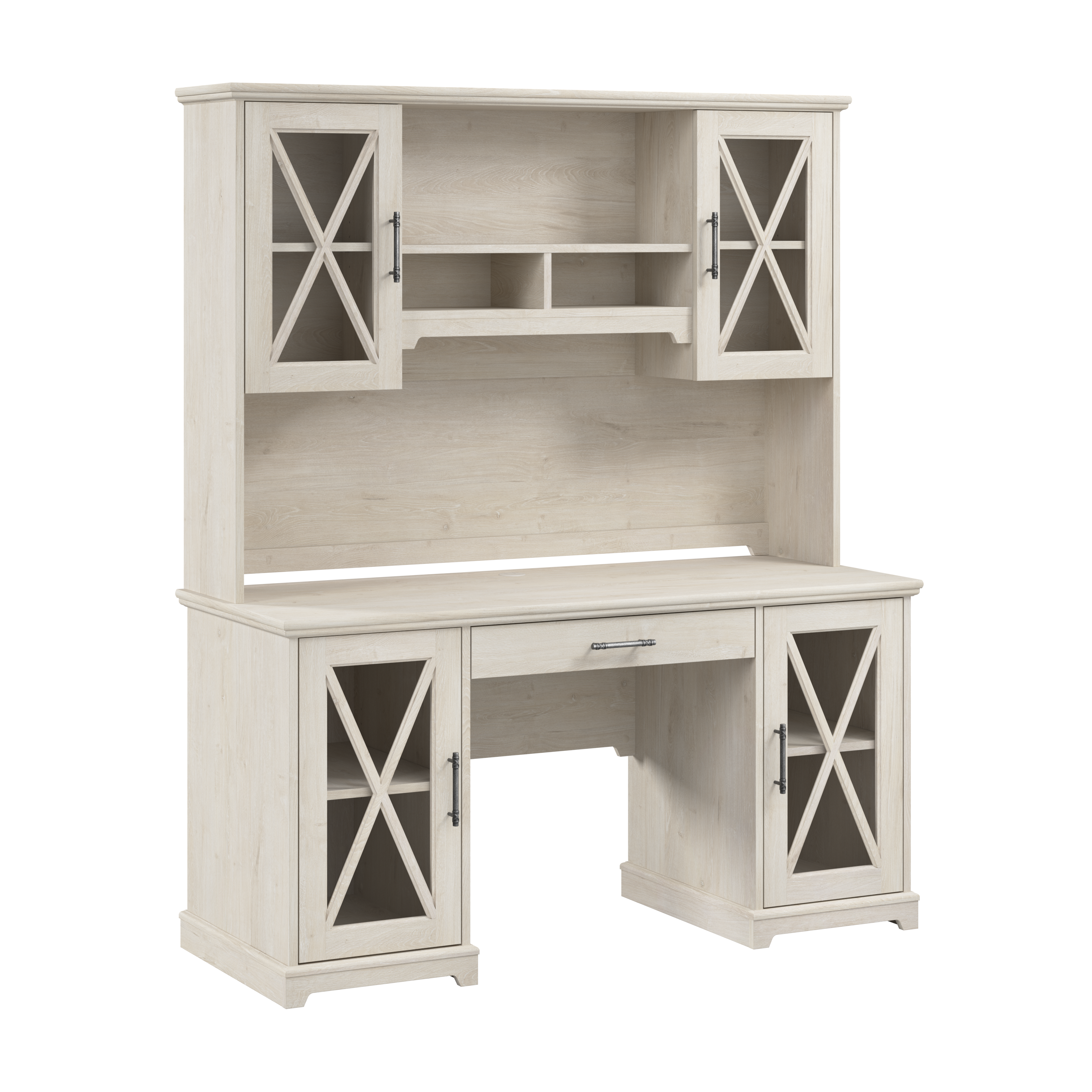Shop Bush Furniture Lennox 60W Farmhouse Desk with Hutch and Keyboard Tray 02 LEN004LW #color_linen white oak