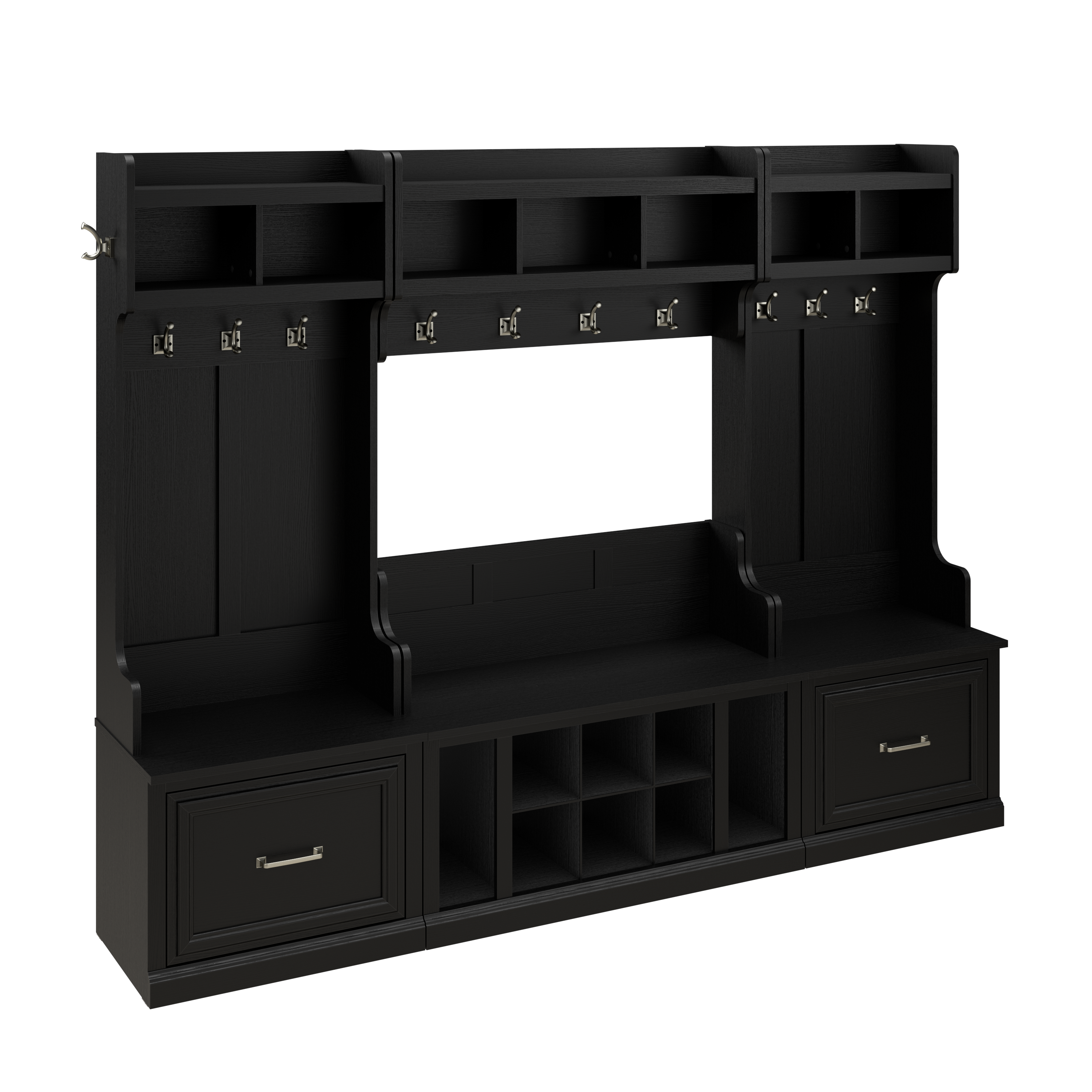 Shop Bush Furniture Woodland Full Entryway Storage Set with Coat Rack and Shoe Bench with Drawers 02 WDL014BS #color_black suede oak