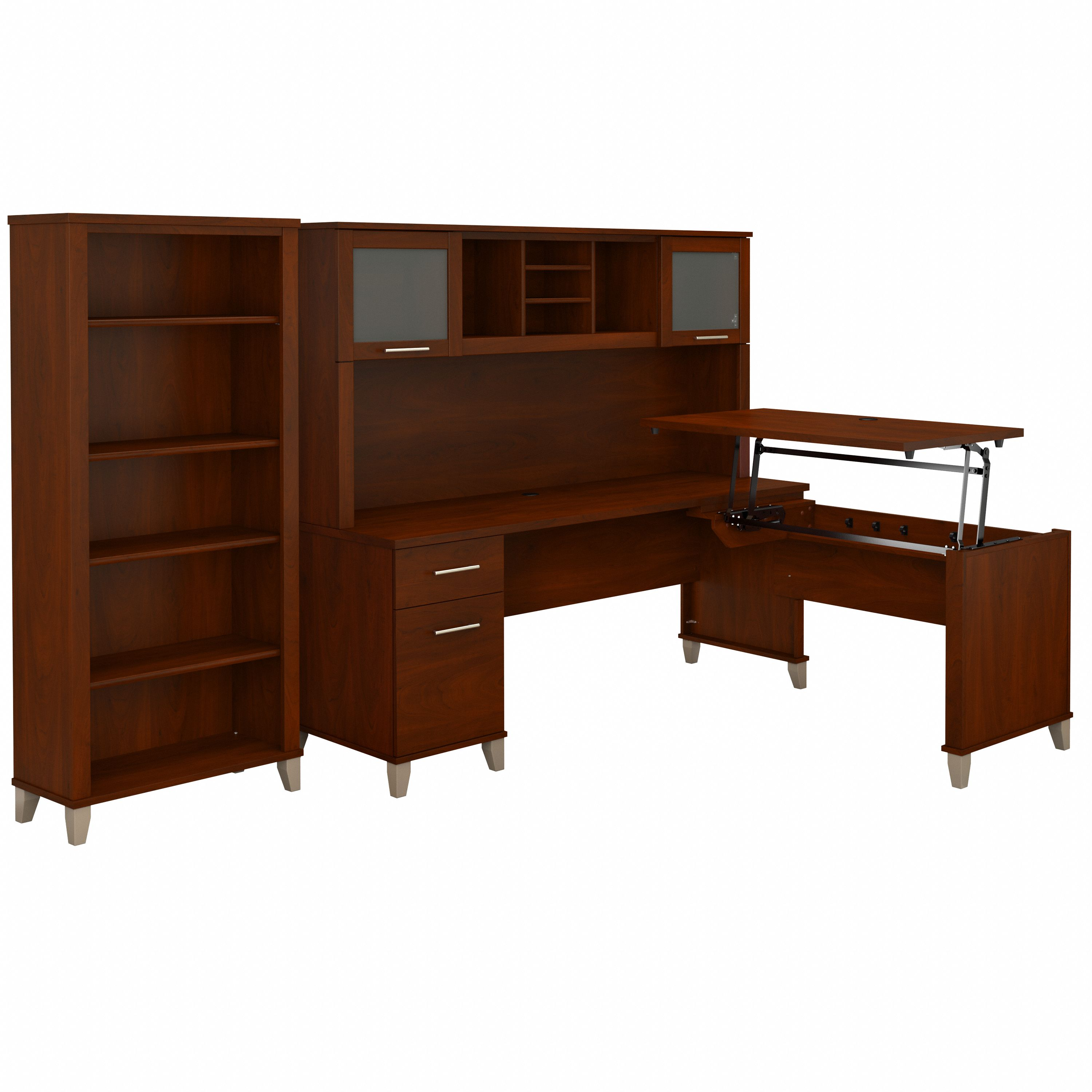 Shop Bush Furniture Somerset 72W 3 Position Sit to Stand L Shaped Desk with Hutch and Bookcase 02 SET017HC #color_hansen cherry