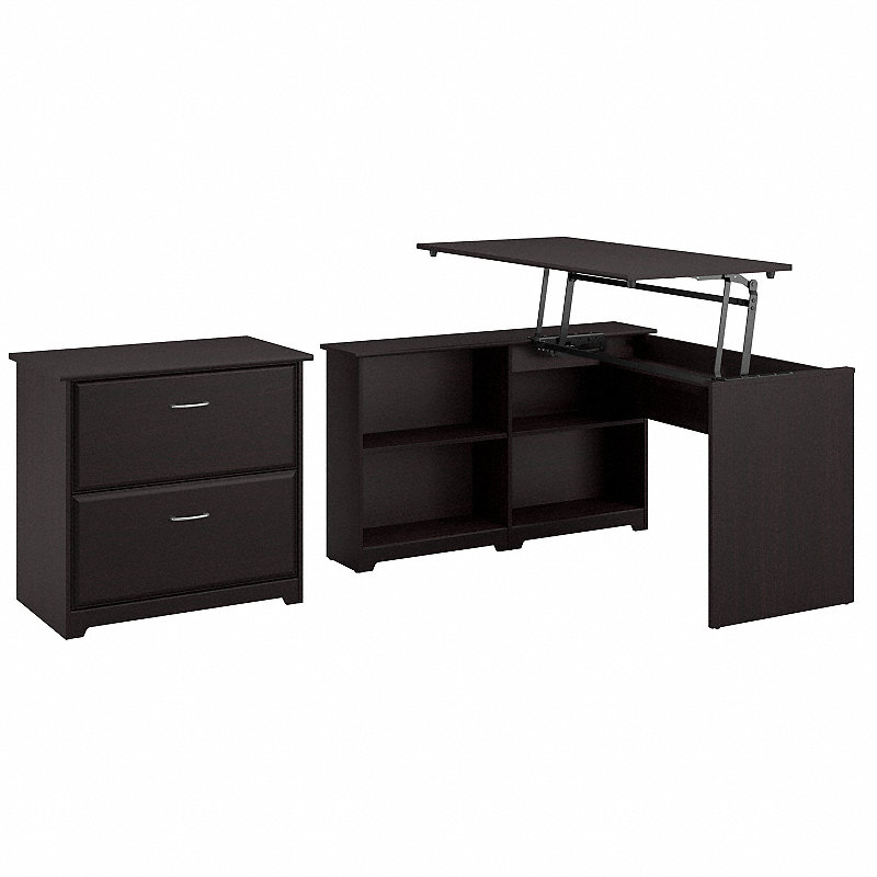 Shop Bush Furniture Cabot 52W 3 Position Sit to Stand Corner Bookshelf Desk with Lateral File Cabinet 02 CAB056EPO #color_espresso oak