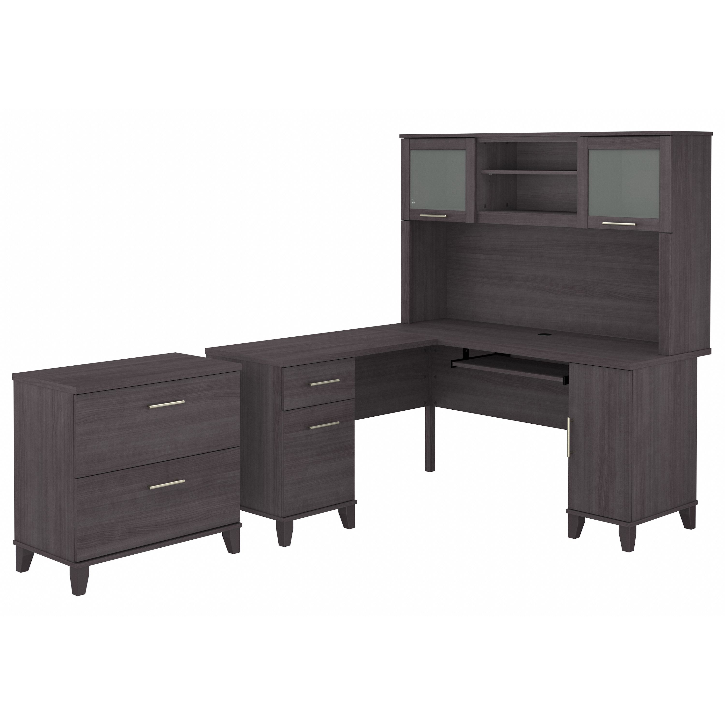 Shop Bush Furniture Somerset 60W L Shaped Desk with Hutch and Lateral File Cabinet 02 SET008SG #color_storm gray