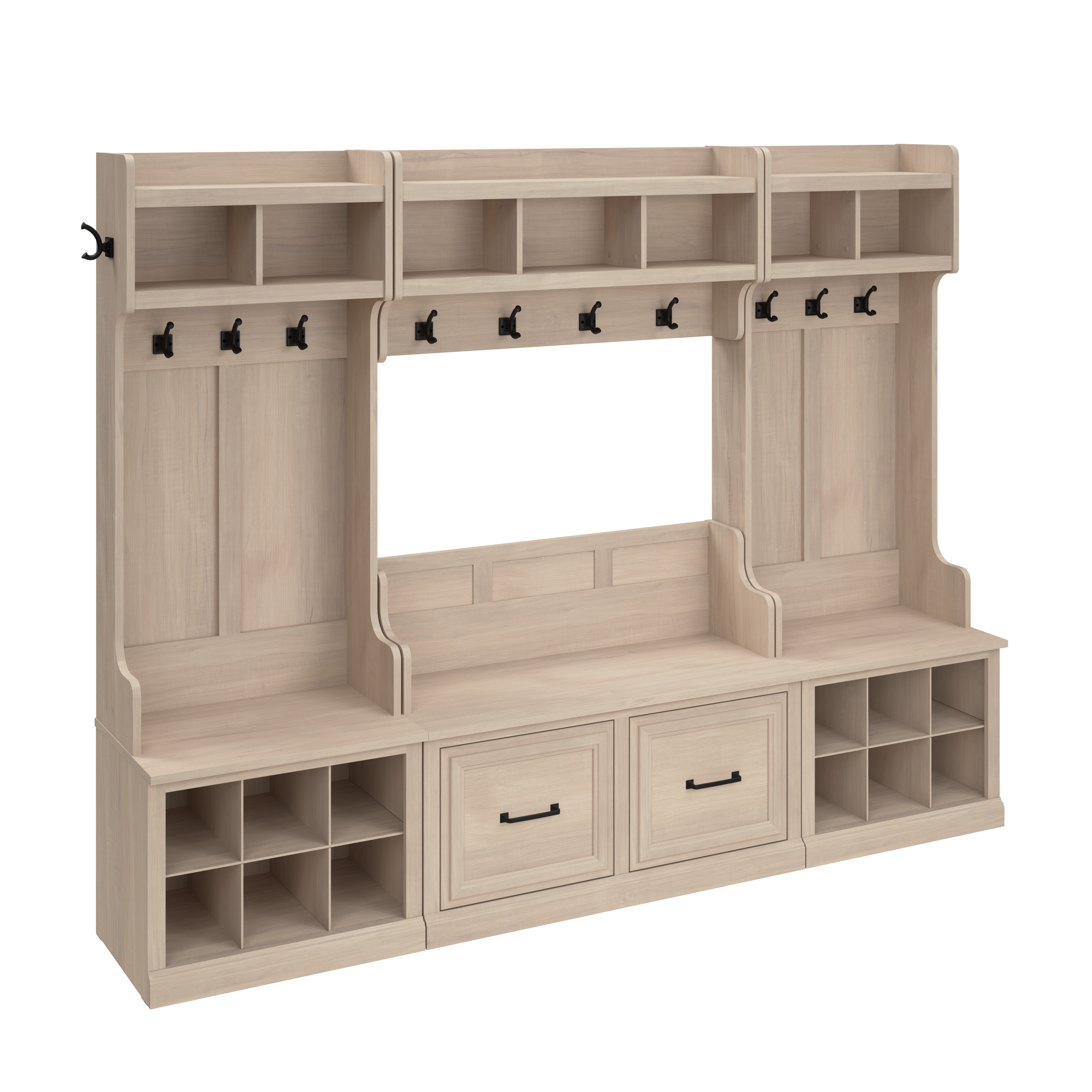 Shop Bush Furniture Woodland Full Entryway Storage Set with Coat Rack and Shoe Bench with Doors 02 WDL013WM #color_white washed maple