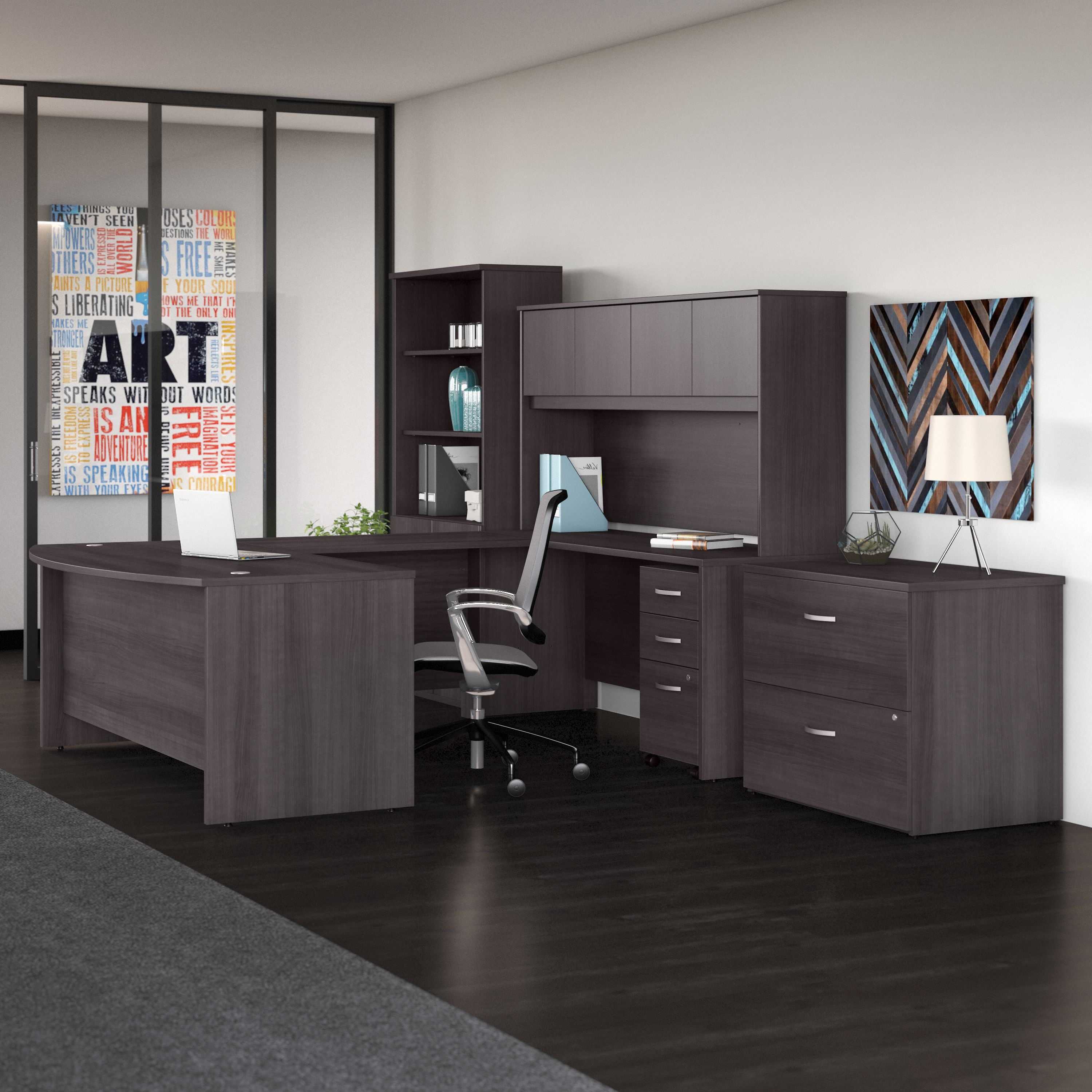 Shop Bush Business Furniture Studio C 72W x 36D U Shaped Desk with Hutch, Bookcase and File Cabinets 01 STC001SGSU #color_storm gray