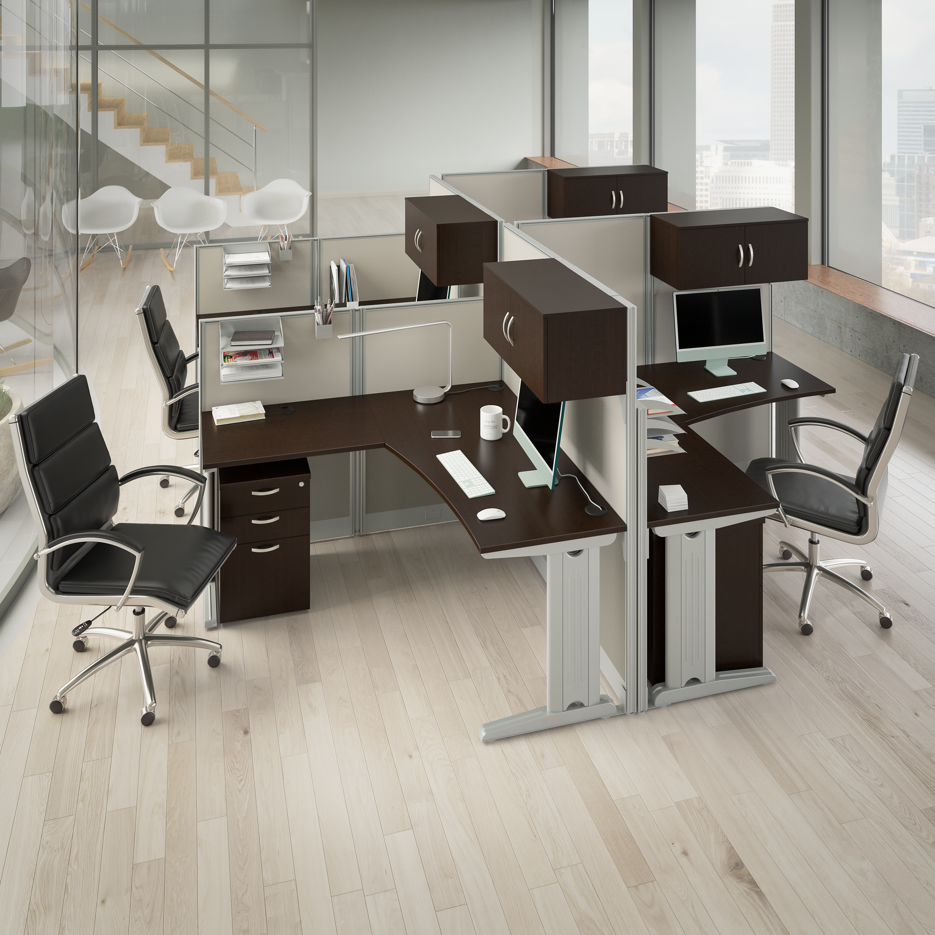Shop Bush Business Furniture Office in an Hour 4 Person L Shaped Cubicle Desks with Storage, Drawers, and Organizers 01 OIAH007MR #color_mocha cherry