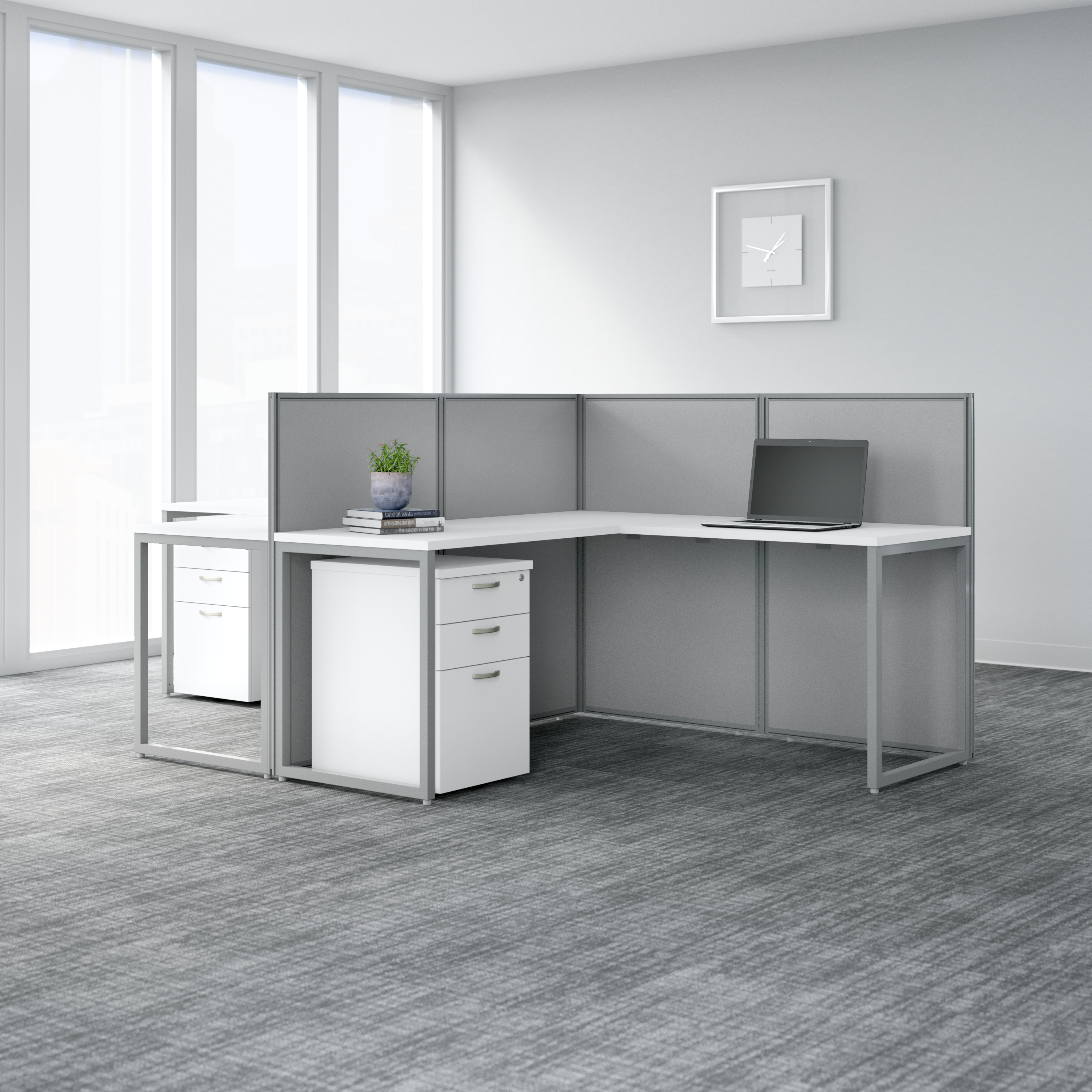 Shop Bush Business Furniture Easy Office 60W 2 Person L Shaped Cubicle Desk Workstation with 45H Panels 08 EOD560WH-03K #color_pure white/silver gray fabric