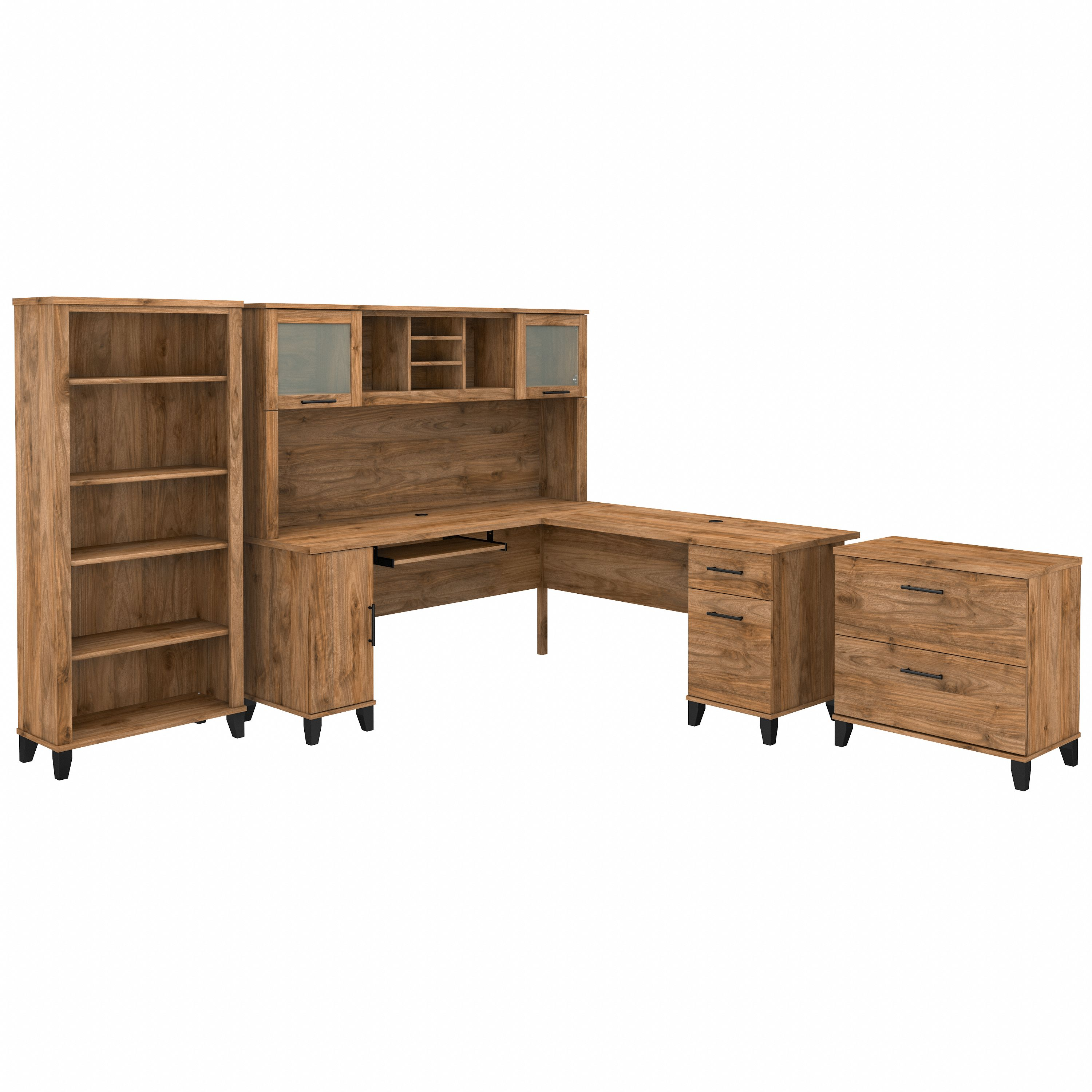 Shop Bush Furniture Somerset 72W L Shaped Desk with Hutch, Lateral File Cabinet and Bookcase 02 SET012FW #color_fresh walnut