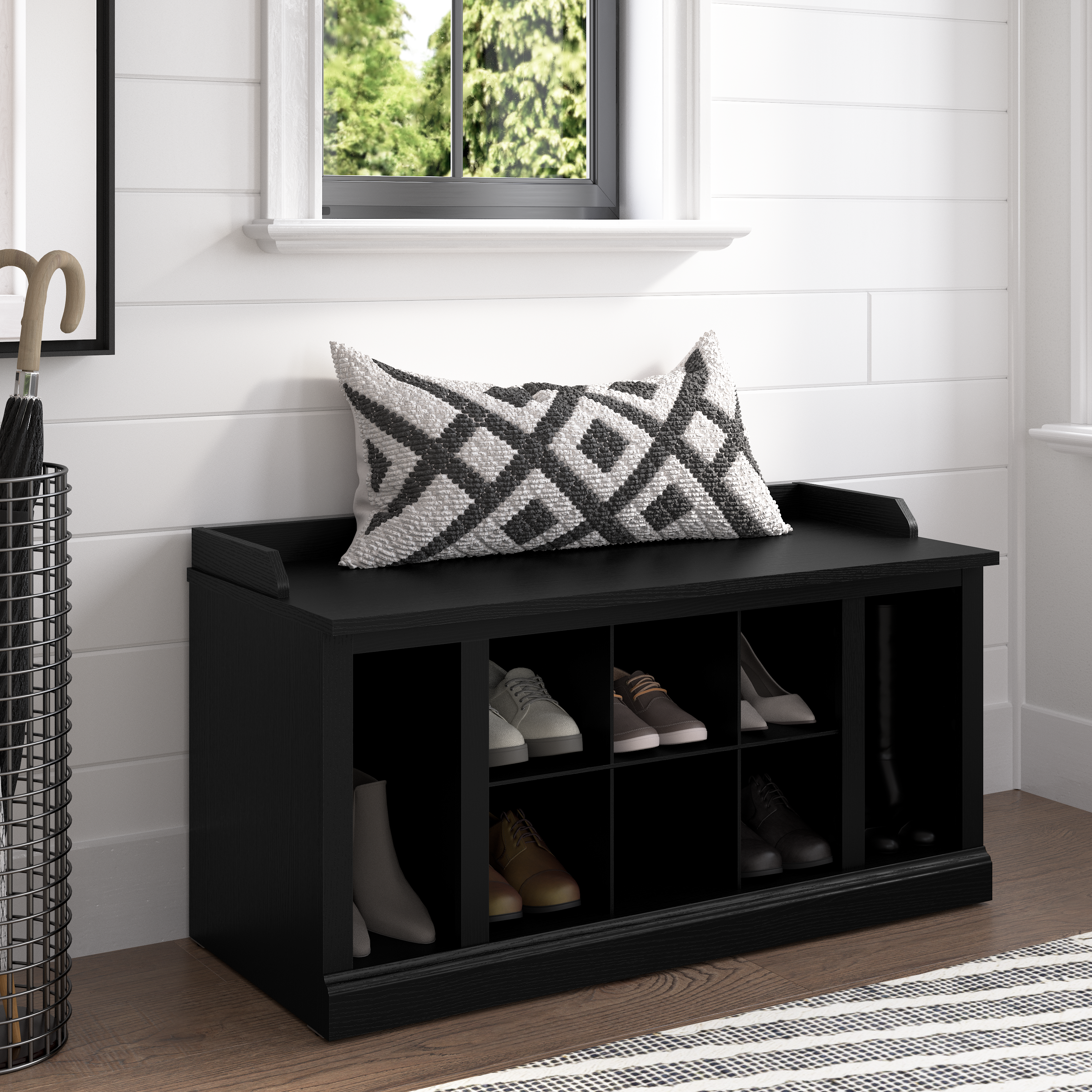 Shop Bush Furniture Woodland 40W Shoe Storage Bench with Shelves 01 WDS240BS-03 #color_black suede oak