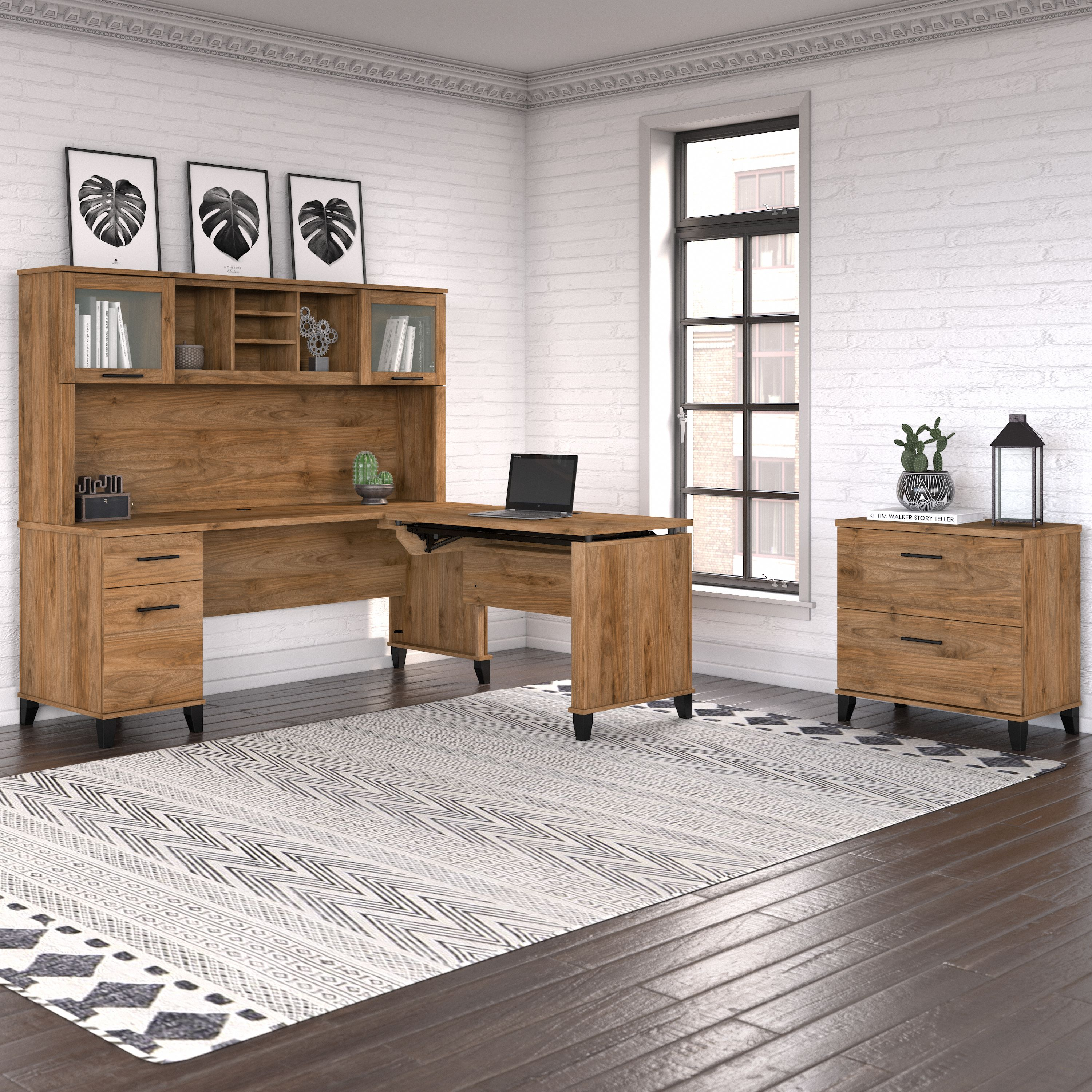 Shop Bush Furniture Somerset 72W 3 Position Sit to Stand L Shaped Desk with Hutch and File Cabinet 06 SET016FW #color_fresh walnut