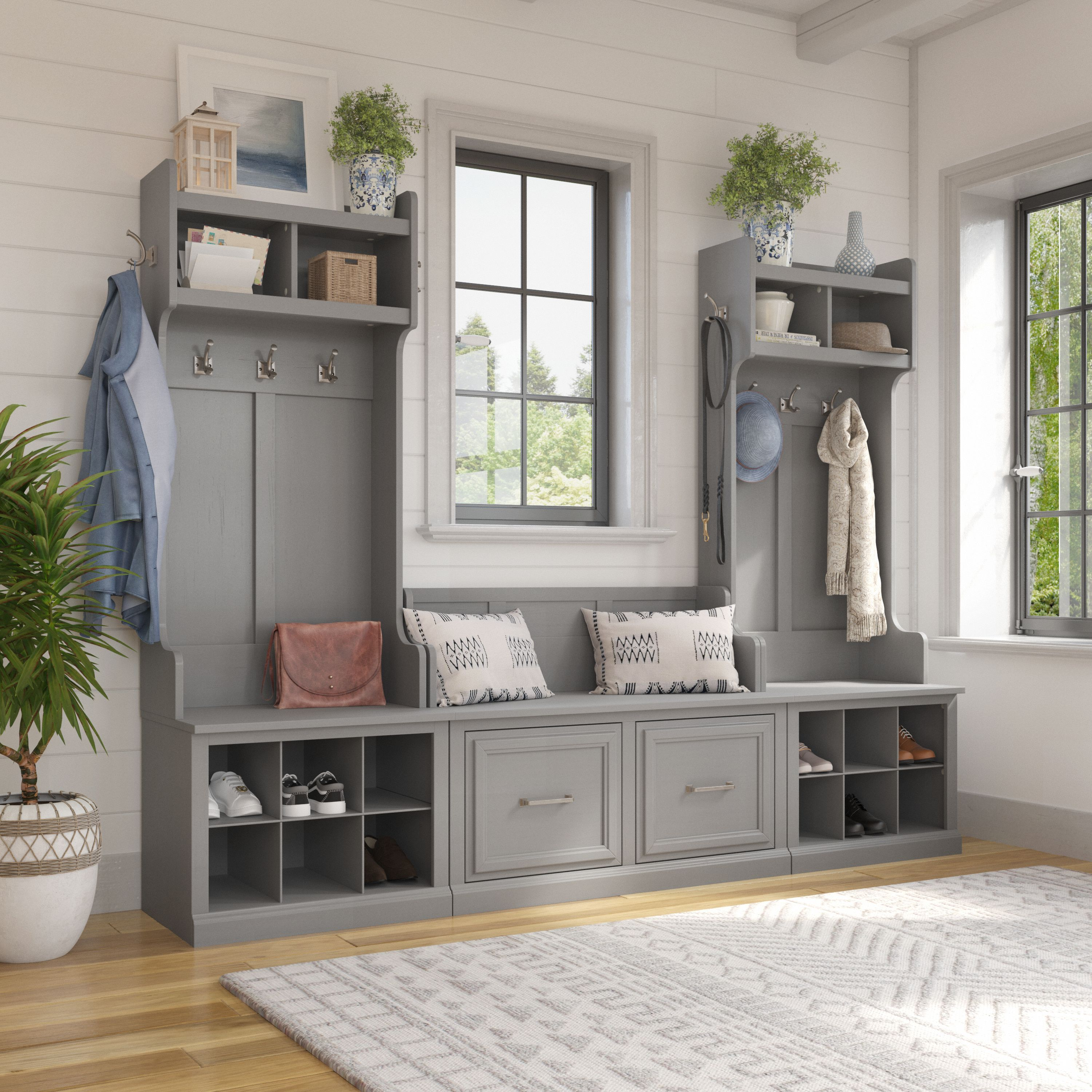 Shop Bush Furniture Woodland Entryway Storage Set with Hall Trees and Shoe Bench with Doors 01 WDL011CG #color_cape cod gray