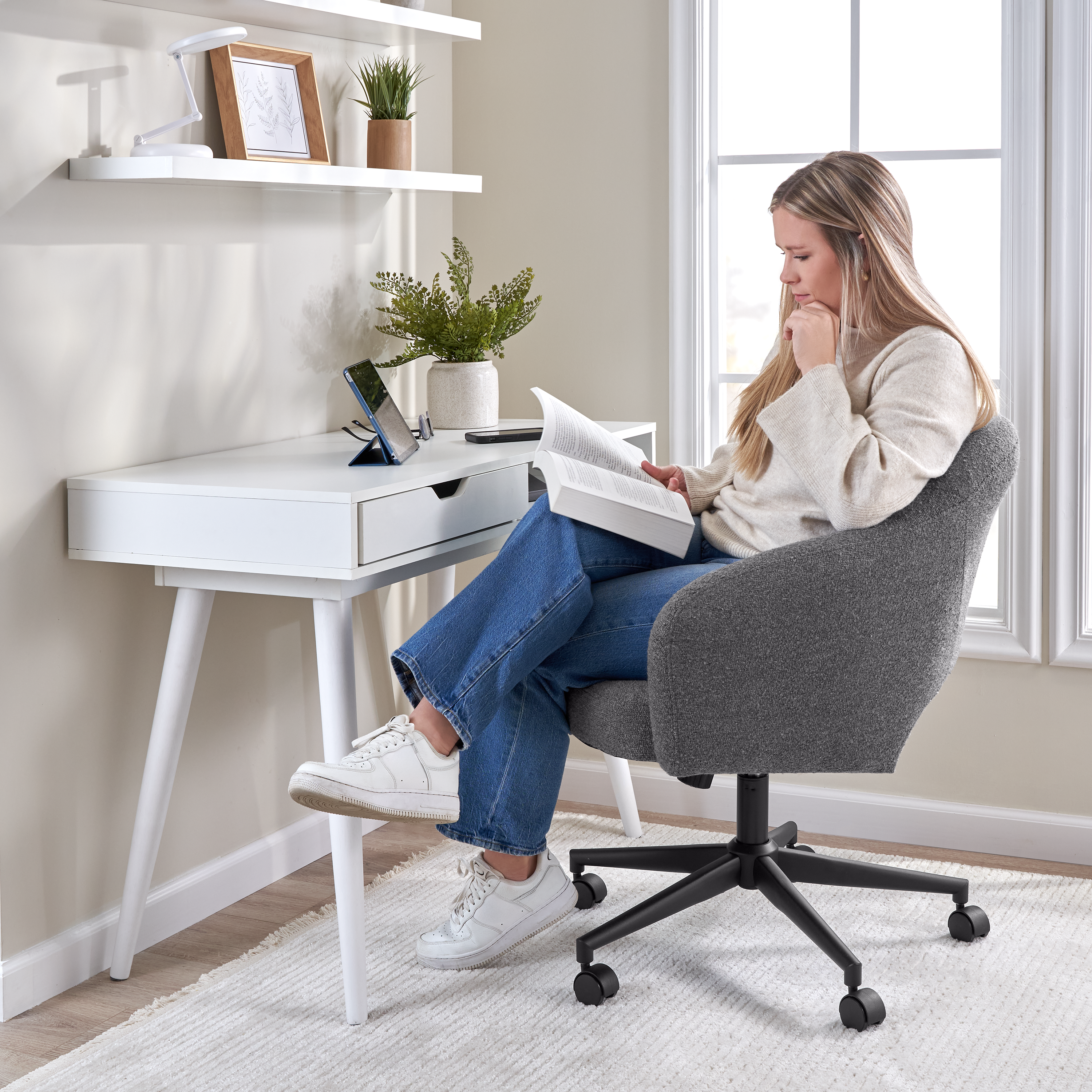 Shop Bush Furniture Nora 40W Small Writing Desk and Chair Set for Home Office 03 NRA002WH #color_pure white/dark charcoal fabric