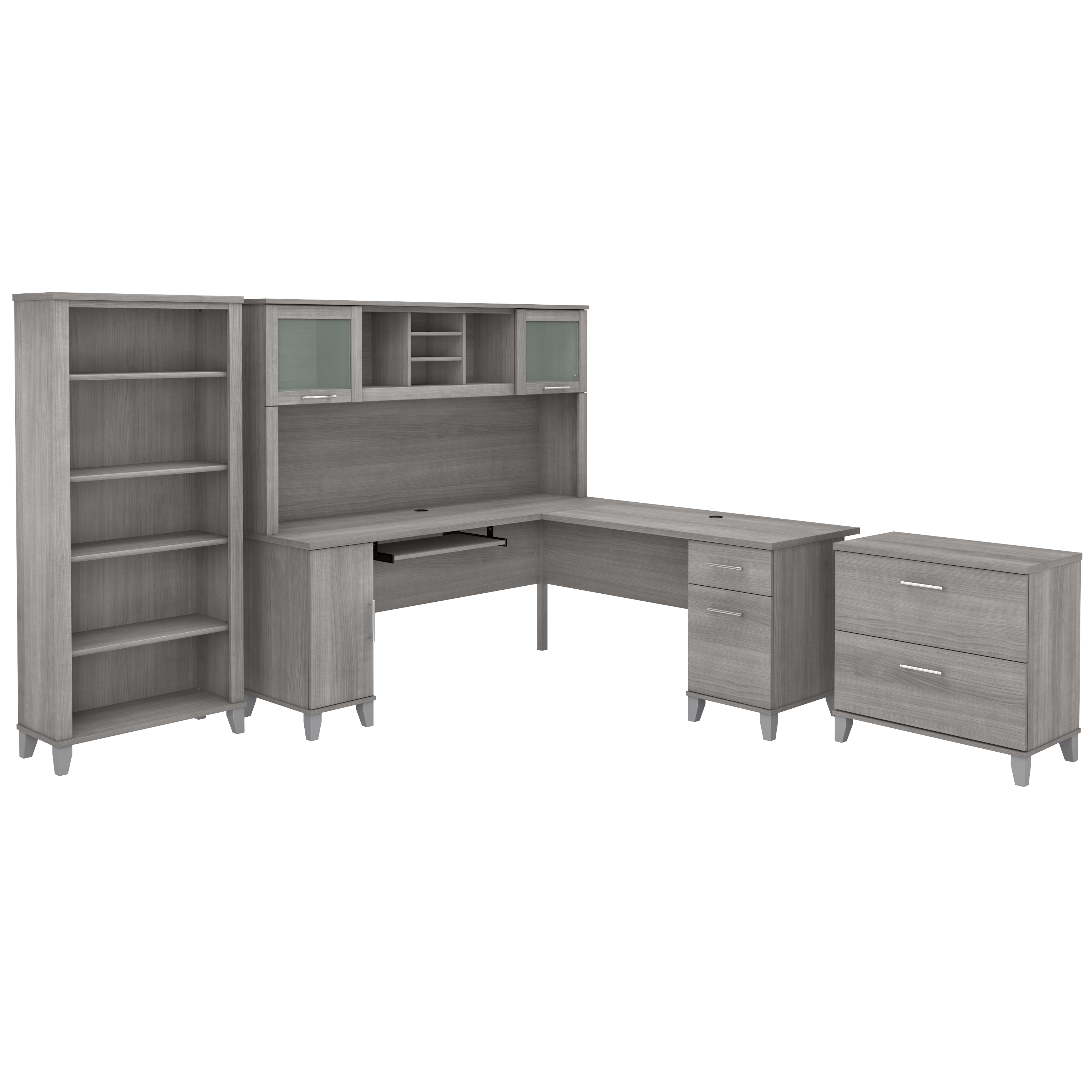 Shop Bush Furniture Somerset 72W L Shaped Desk with Hutch, Lateral File Cabinet and Bookcase 02 SET012PG #color_platinum gray