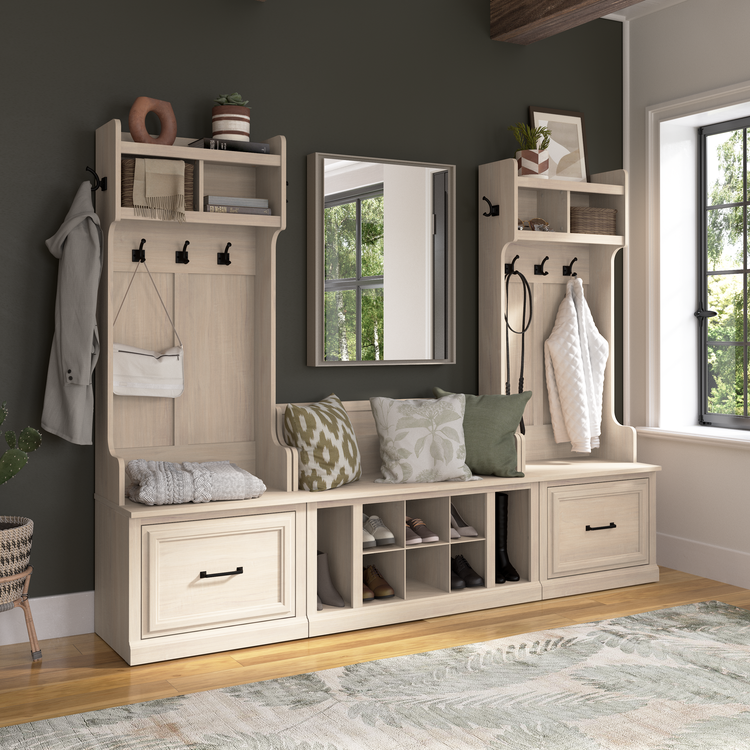 Shop Bush Furniture Woodland Entryway Storage Set with Hall Trees and Shoe Bench with Drawers 01 WDL012WM #color_white washed maple