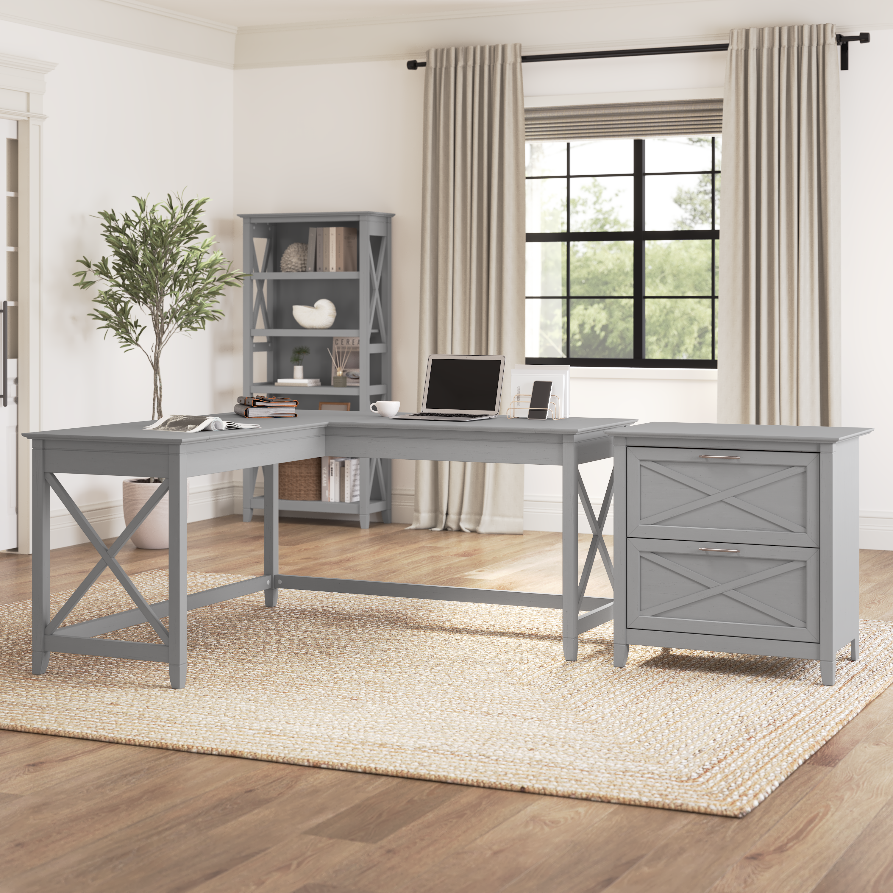 Shop Bush Furniture Key West 60W L Shaped Desk with 2 Drawer Lateral File Cabinet 01 KWS014CG #color_cape cod gray