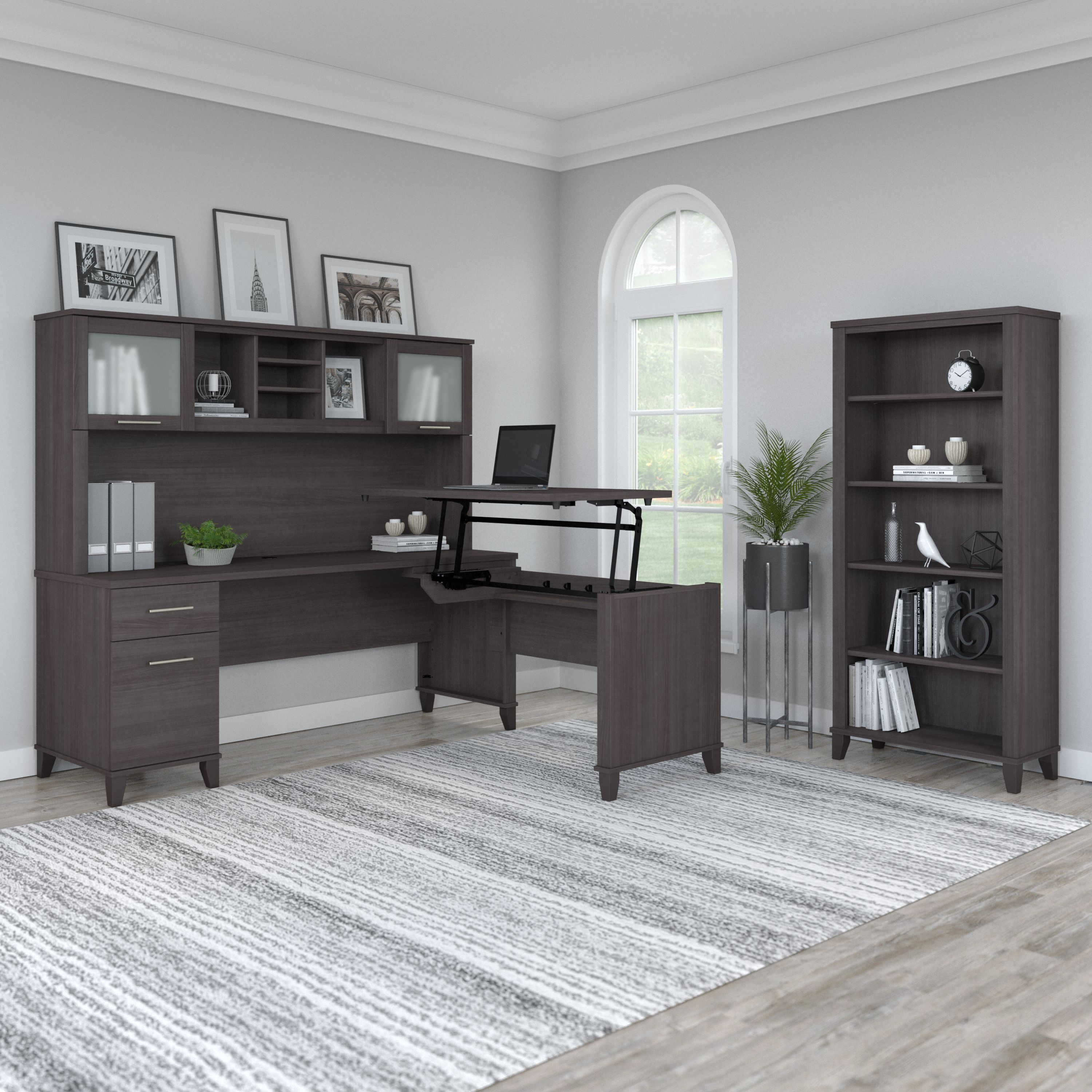 Shop Bush Furniture Somerset 72W 3 Position Sit to Stand L Shaped Desk with Hutch and Bookcase 01 SET017SG #color_storm gray