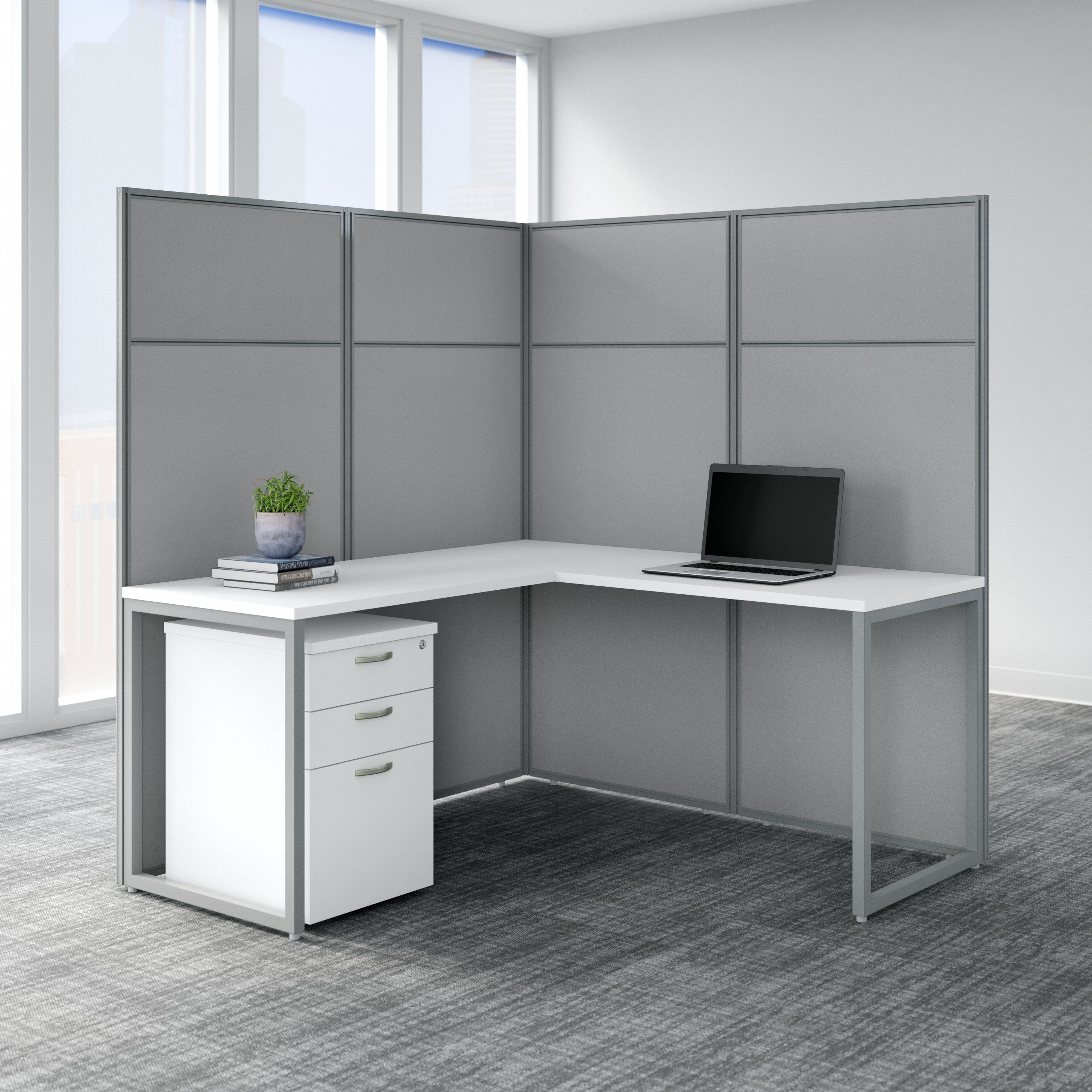 Shop Bush Business Furniture Easy Office 60W L Shaped Cubicle Desk with File Cabinet and 66H Panels 01 EODH36SWH-03K #color_pure white/silver gray fabric