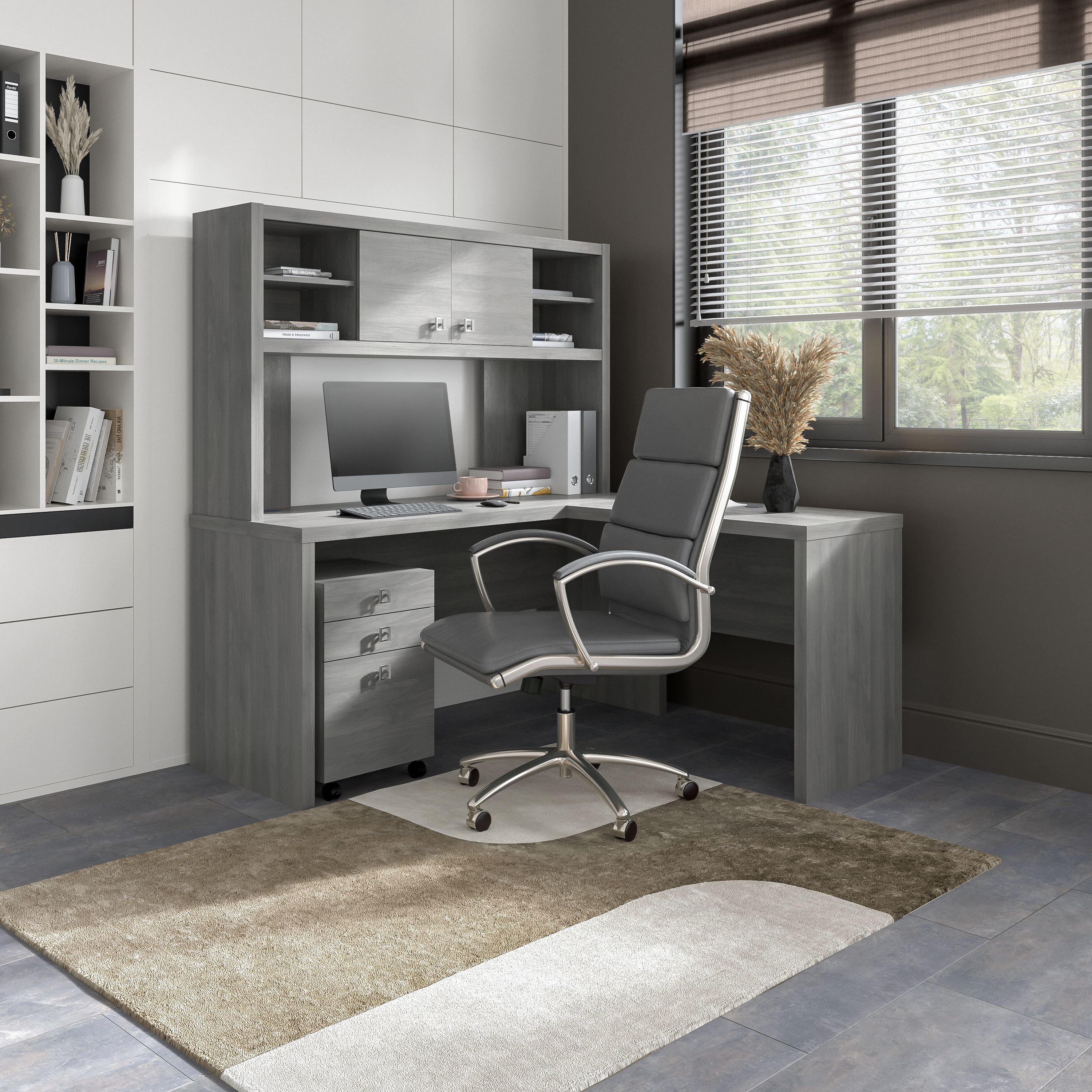 Shop Bush Business Furniture Echo L Shaped Desk with Hutch and Mobile File Cabinet 01 ECH009MG #color_modern gray