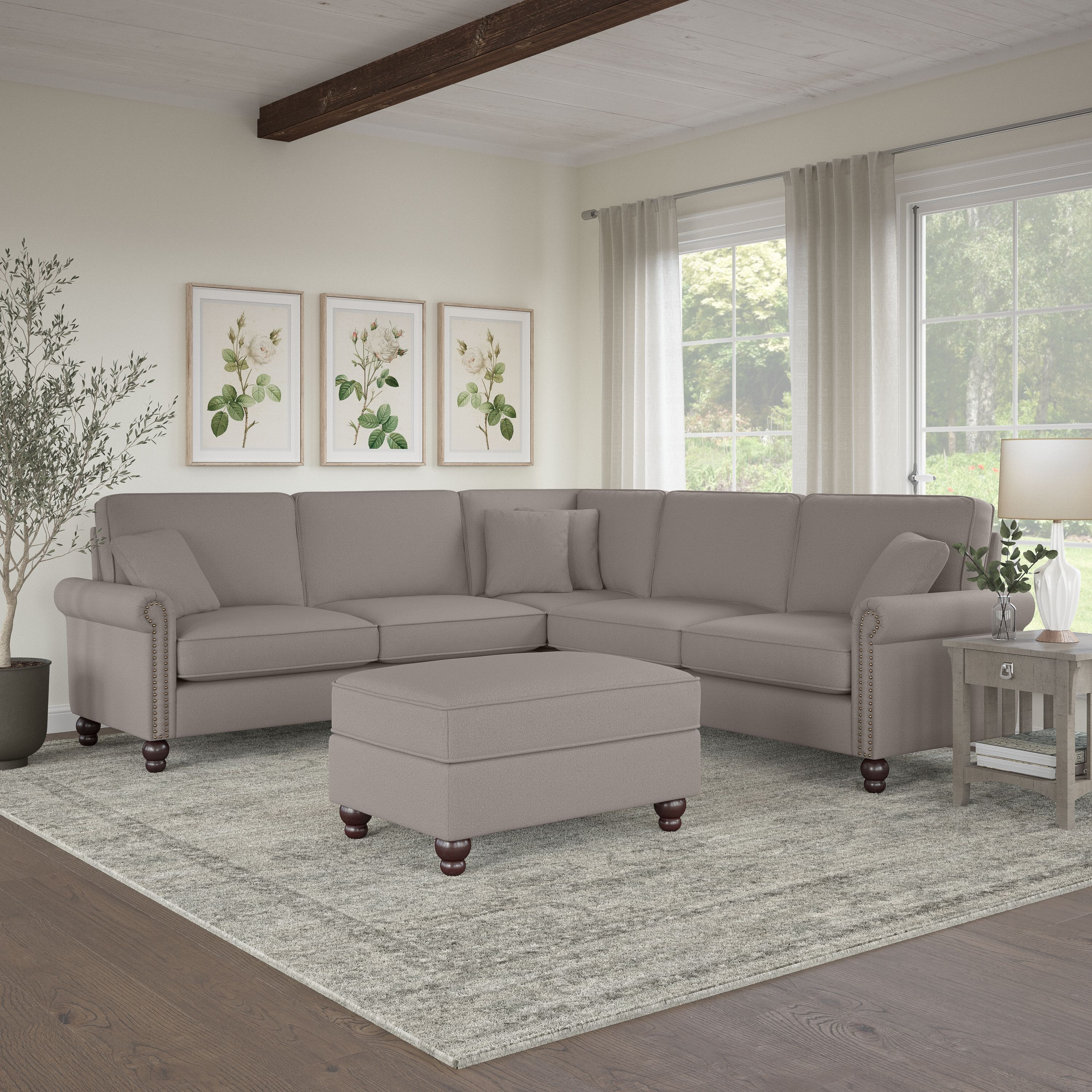 Shop Bush Furniture Coventry 99W L Shaped Sectional Couch with Ottoman 01 CVN003BGH #color_beige herringbone fabric