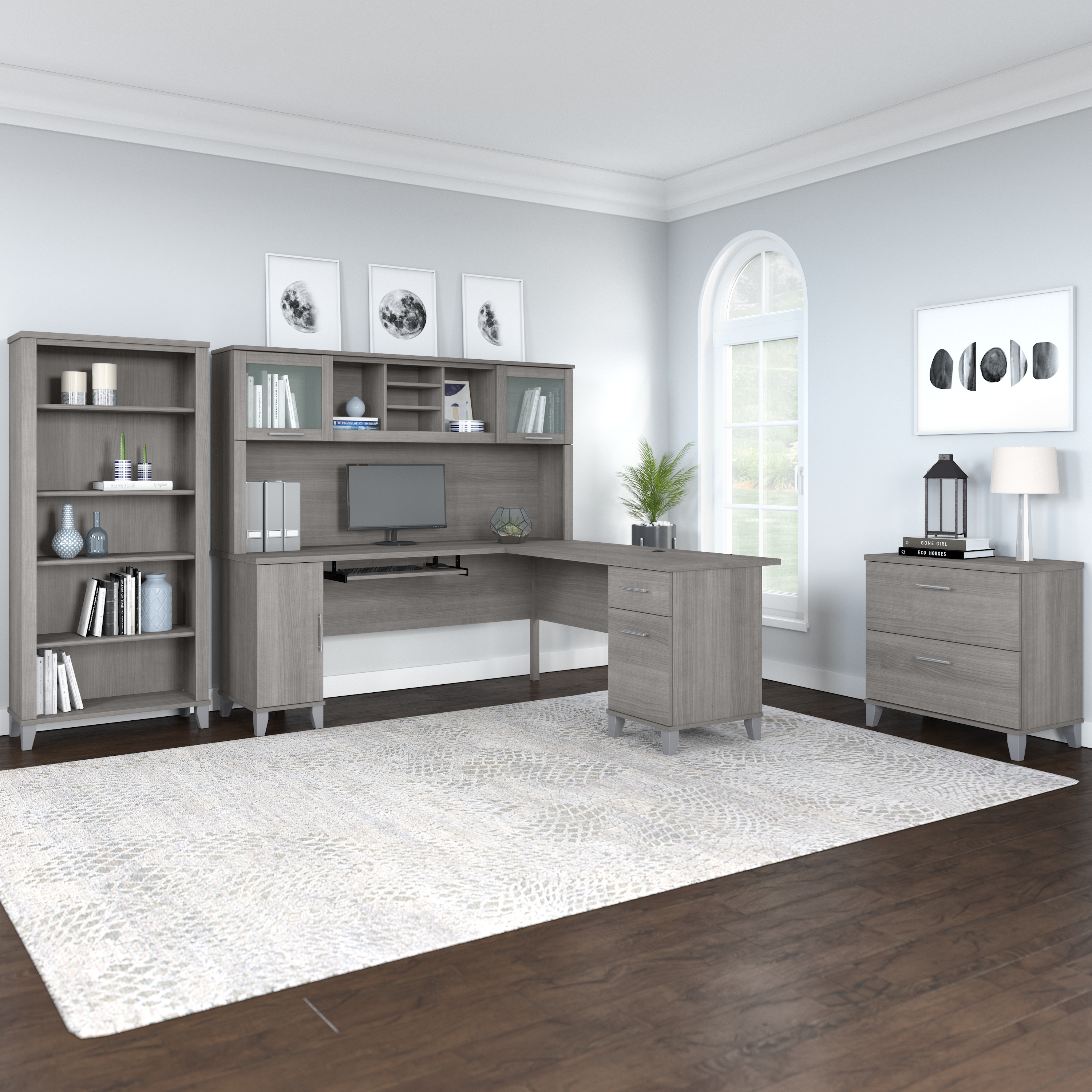 Shop Bush Furniture Somerset 72W L Shaped Desk with Hutch, Lateral File Cabinet and Bookcase 01 SET012PG #color_platinum gray