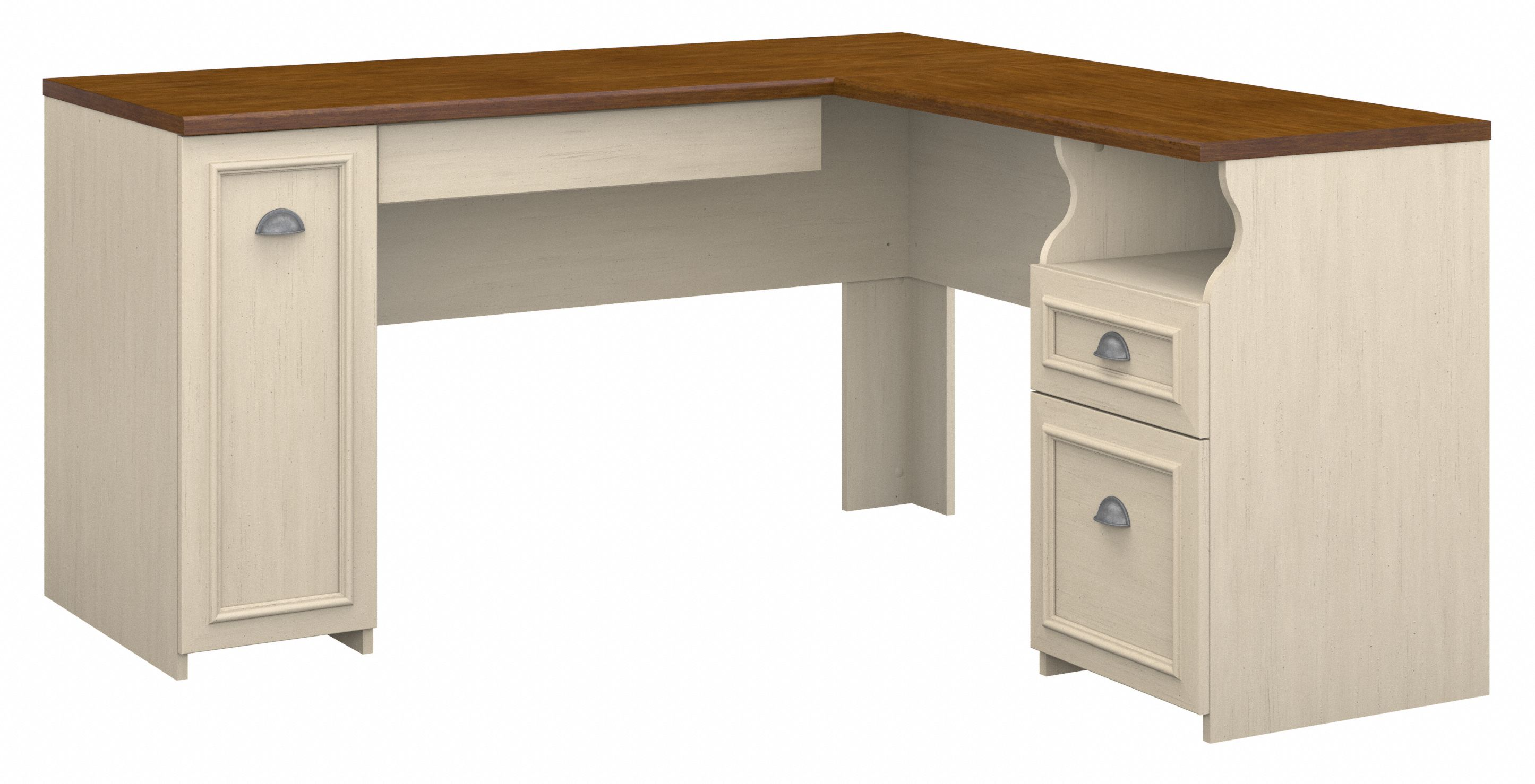 Shop Bush Furniture Fairview 60W L Shaped Desk with Drawers and Storage Cabinet 02 WC53230-03K #color_antique white/tea maple