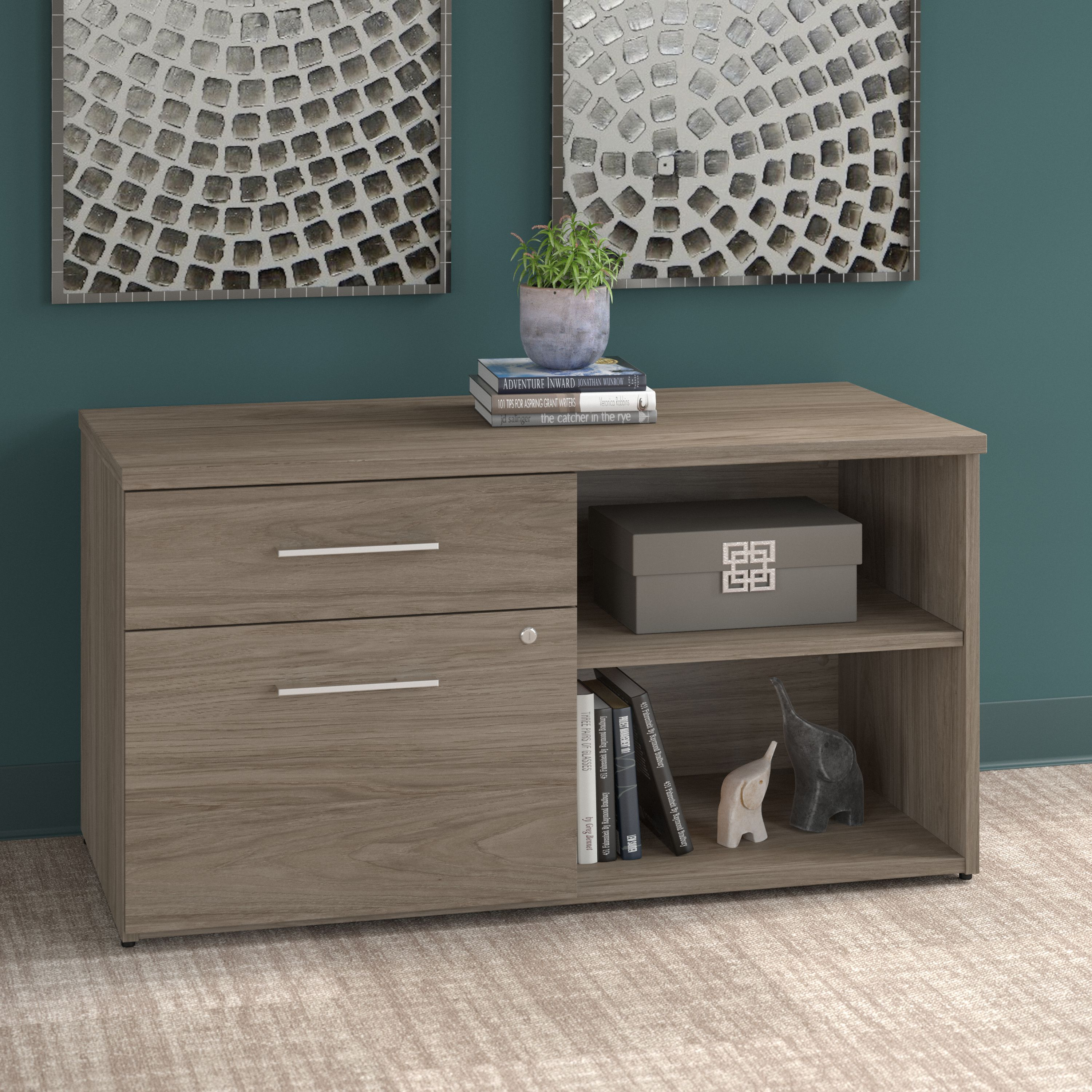 Shop Bush Business Furniture Office 500 Low Storage Cabinet with Drawers and Shelves 01 OFS145MH #color_modern hickory