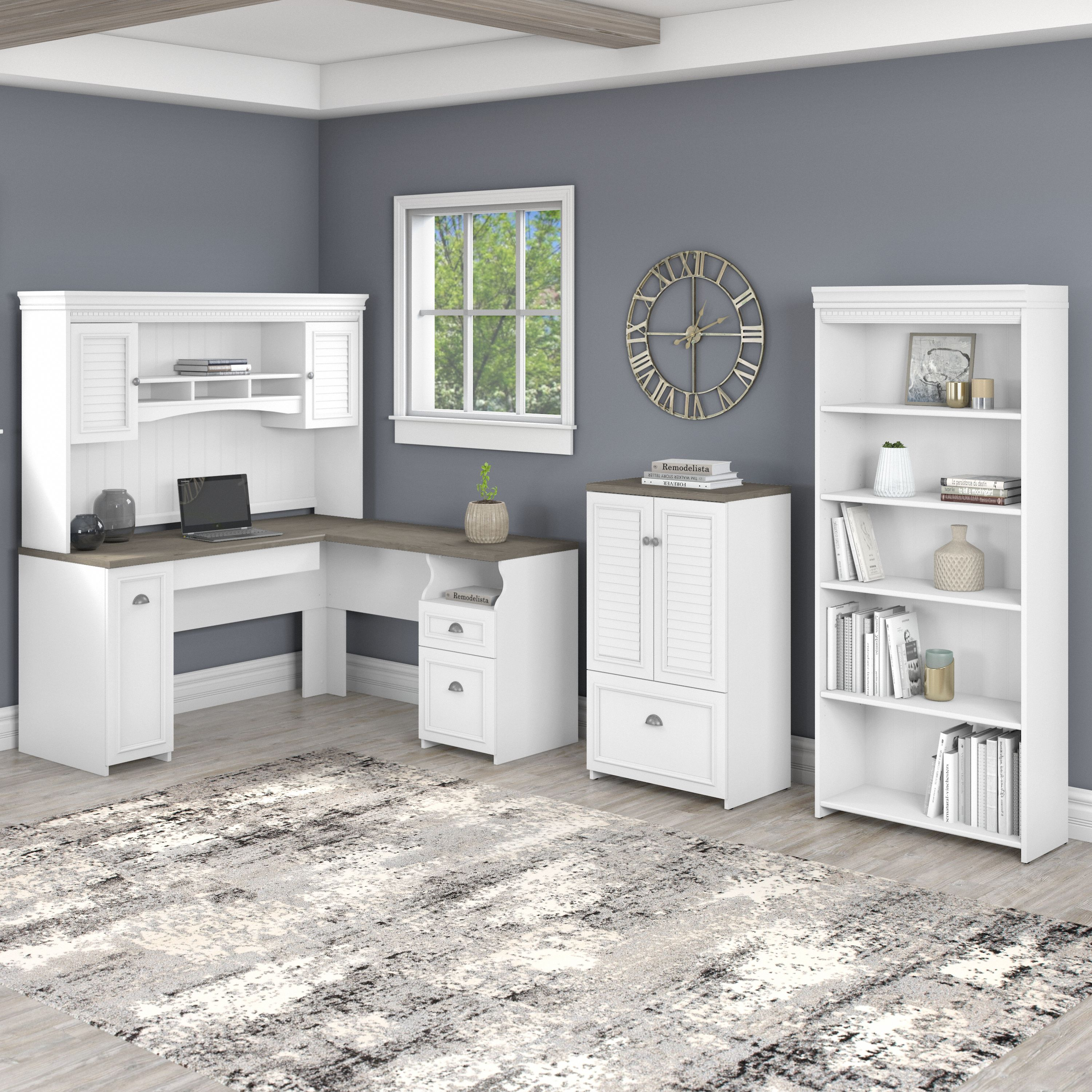 Shop Bush Furniture Fairview 60W L Shaped Desk with Hutch, 5 Shelf Bookcase and Storage 01 FV011G2W #color_shiplap gray