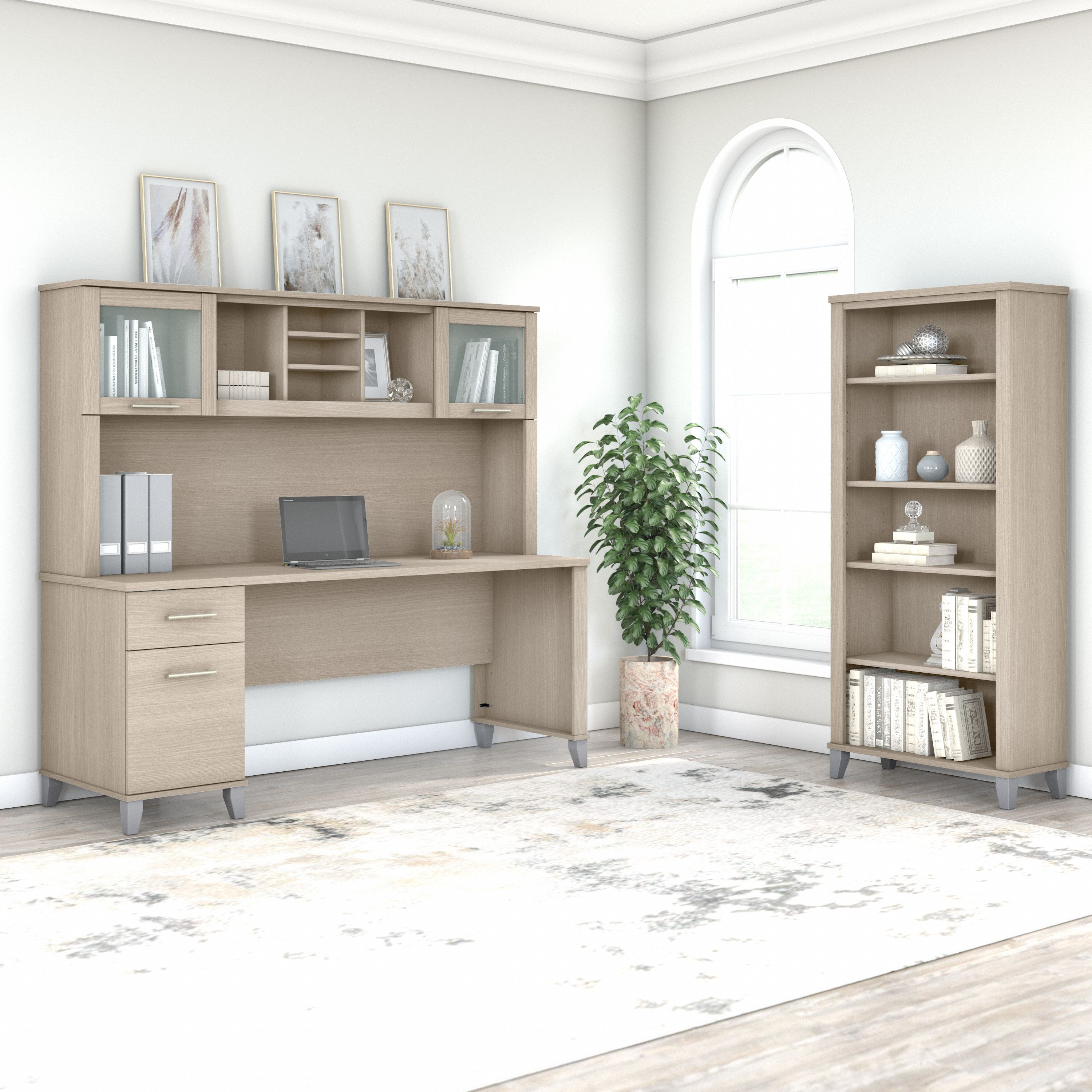 Shop Bush Furniture Somerset 72W Office Desk with Hutch and 5 Shelf Bookcase 01 SET020SO #color_sand oak