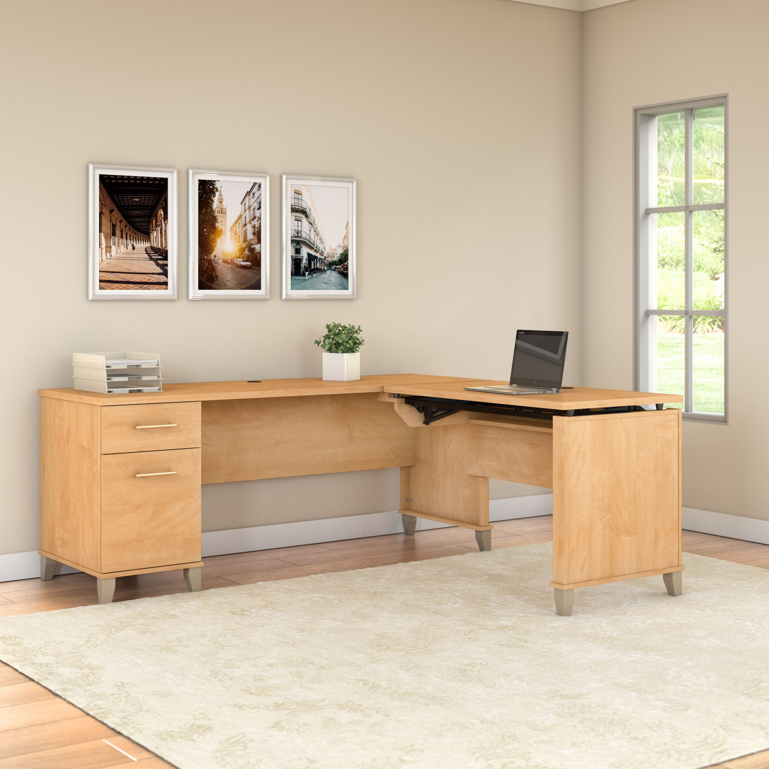 Shop Bush Furniture Somerset 72W 3 Position Sit to Stand L Shaped Desk 06 SET014MC #color_maple cross