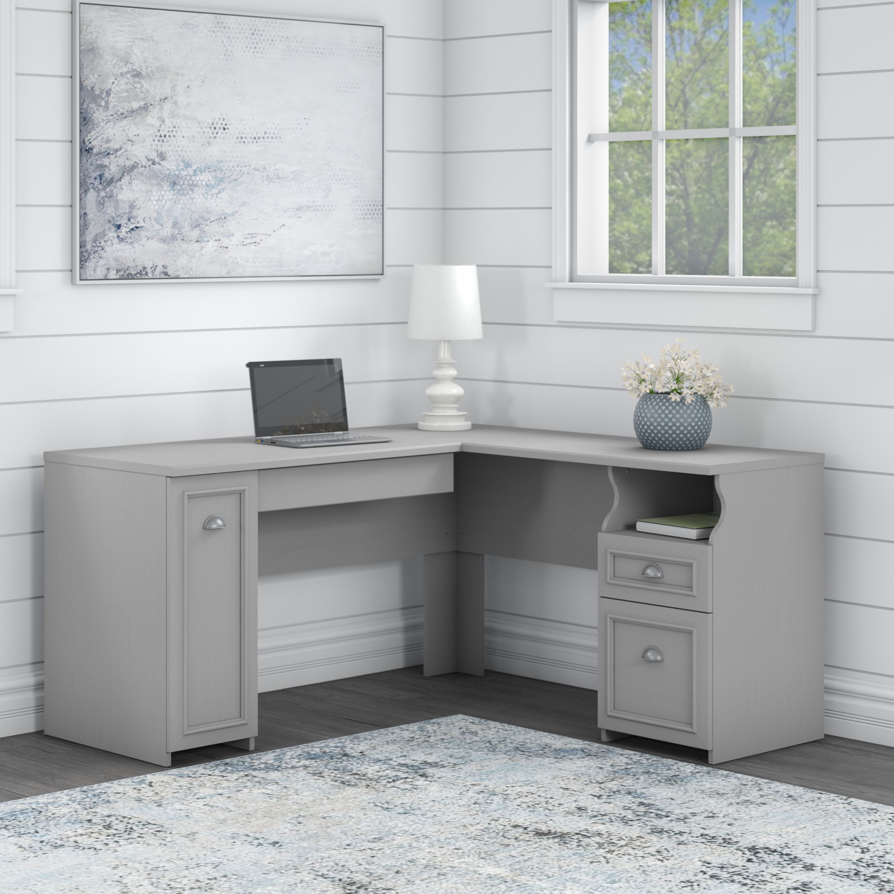 Shop Bush Furniture Fairview 60W L Shaped Desk with Drawers and Storage Cabinet 01 WC53530-03K #color_cape cod gray