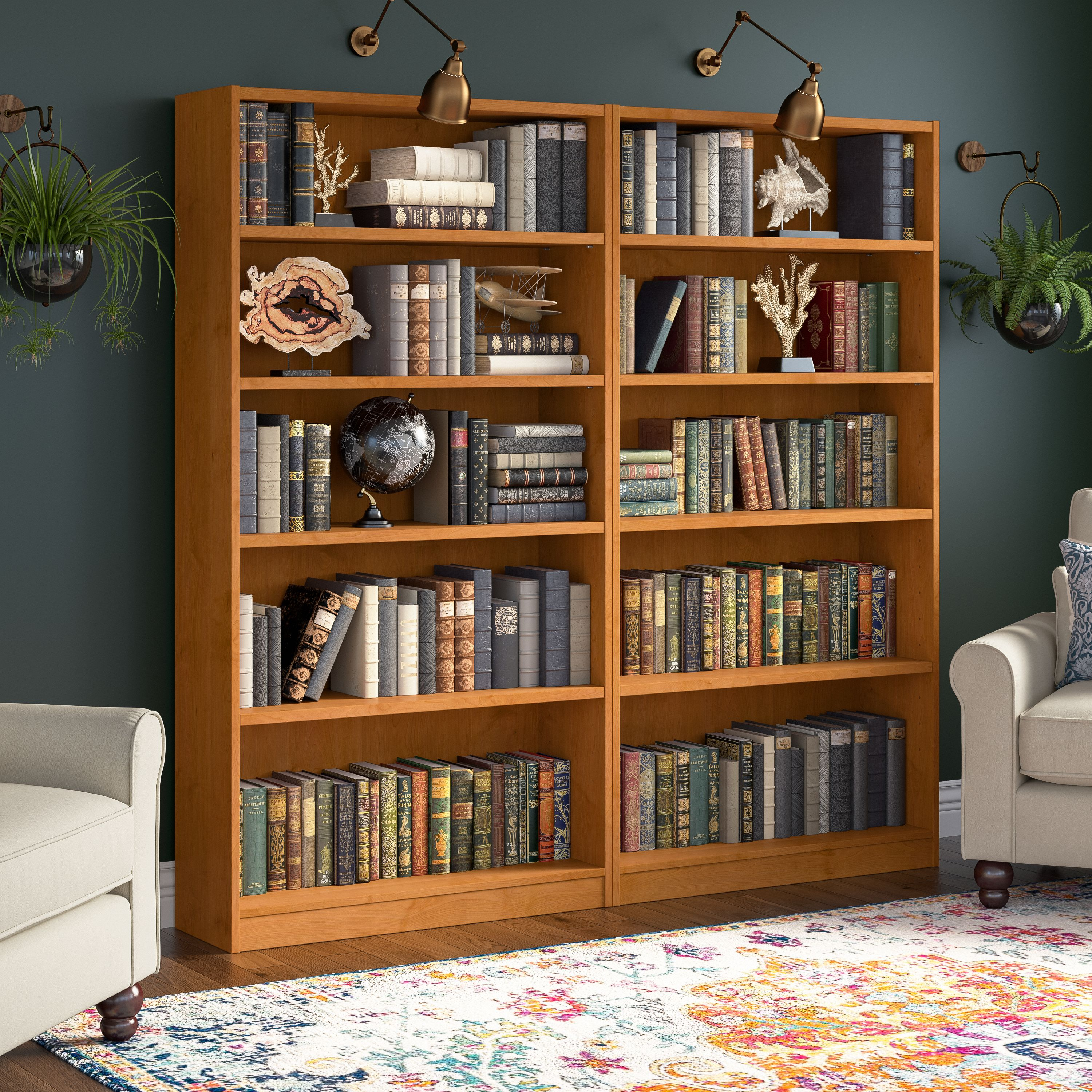 Shop Bush Furniture Universal Tall 5 Shelf Bookcase - Set of 2 01 UB003NC #color_natural cherry