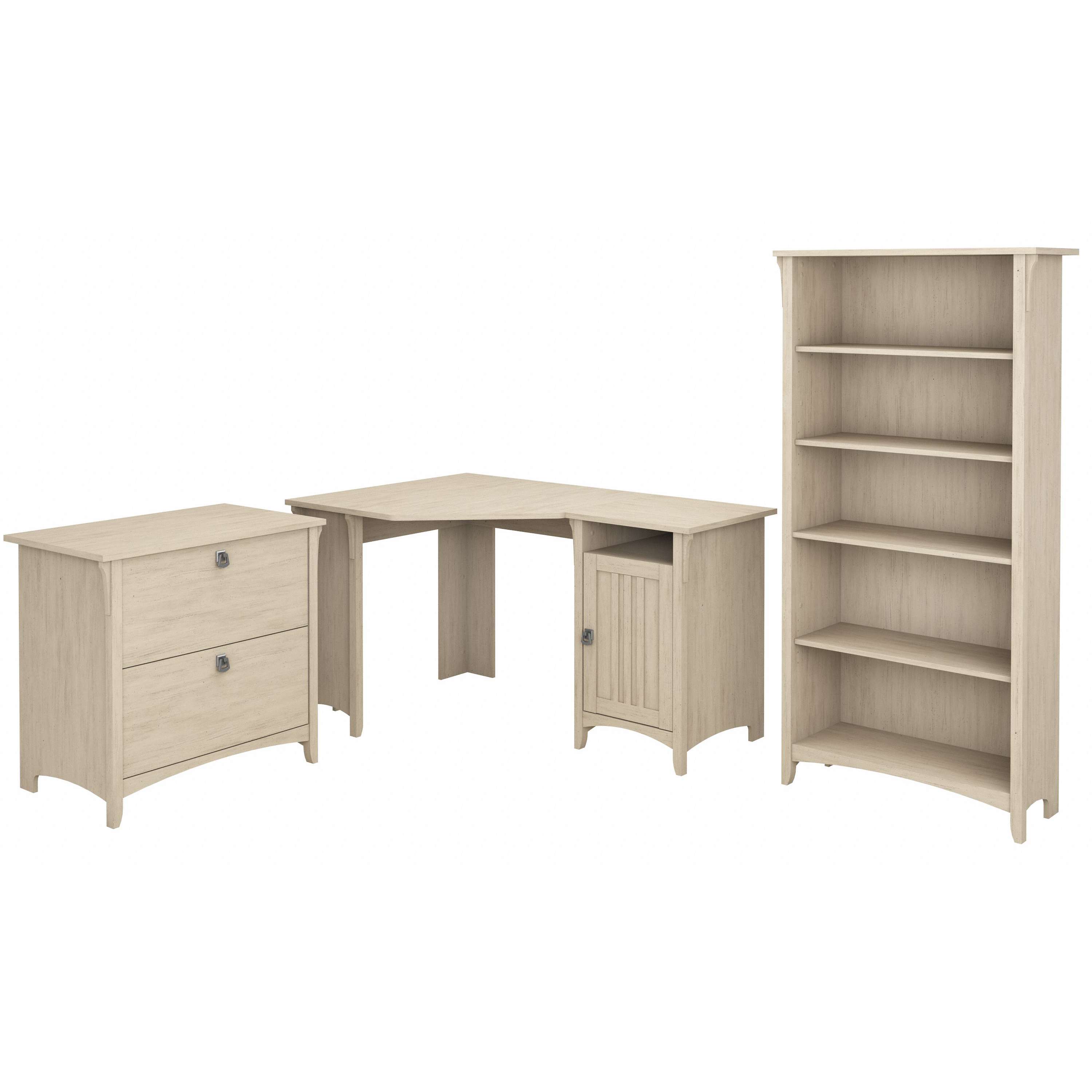 Shop Bush Furniture Salinas 55W Corner Desk with Lateral File Cabinet and 5 Shelf Bookcase 02 SAL013AW #color_antique white