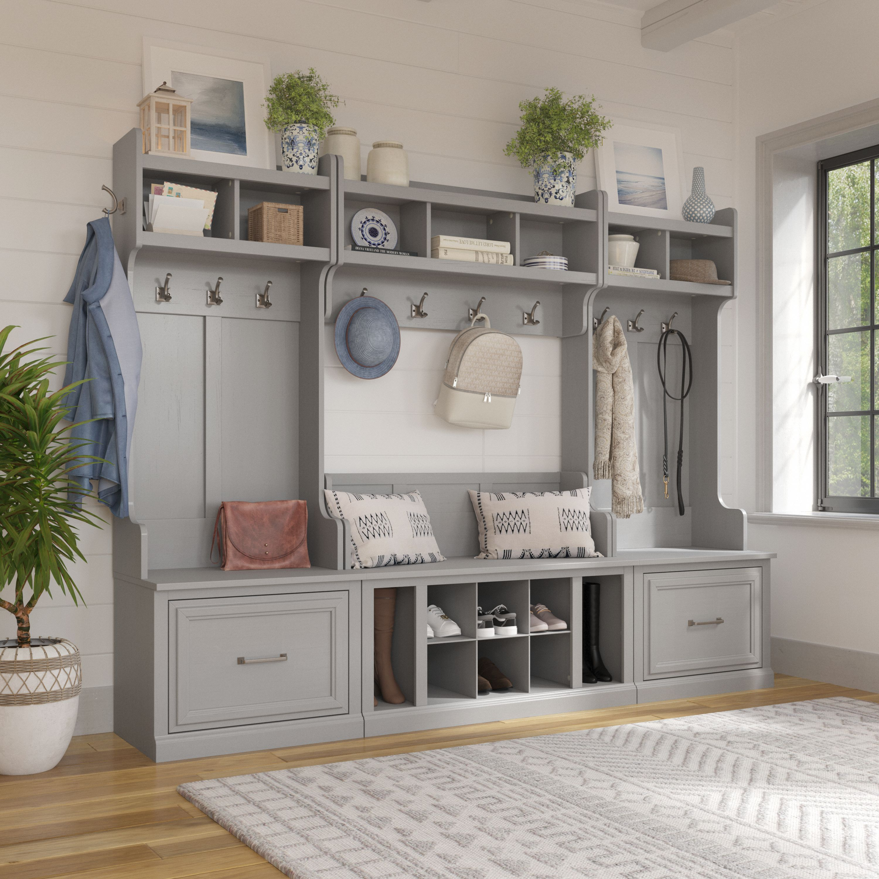Shop Bush Furniture Woodland Full Entryway Storage Set with Coat Rack and Shoe Bench with Drawers 01 WDL014CG #color_cape cod gray