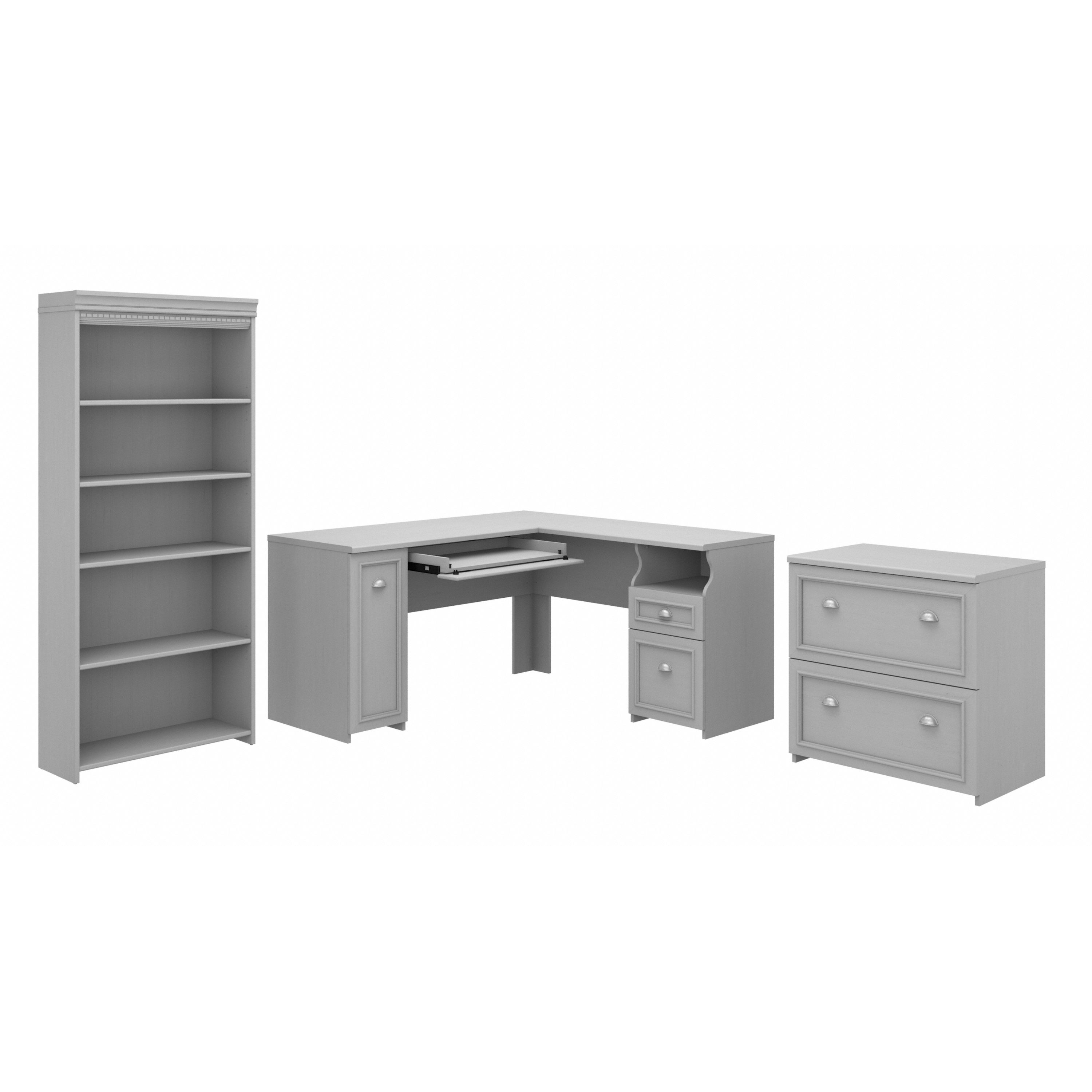 Shop Bush Furniture Fairview 60W L Shaped Desk with Lateral File Cabinet and 5 Shelf Bookcase 02 FV008CG #color_cape cod gray