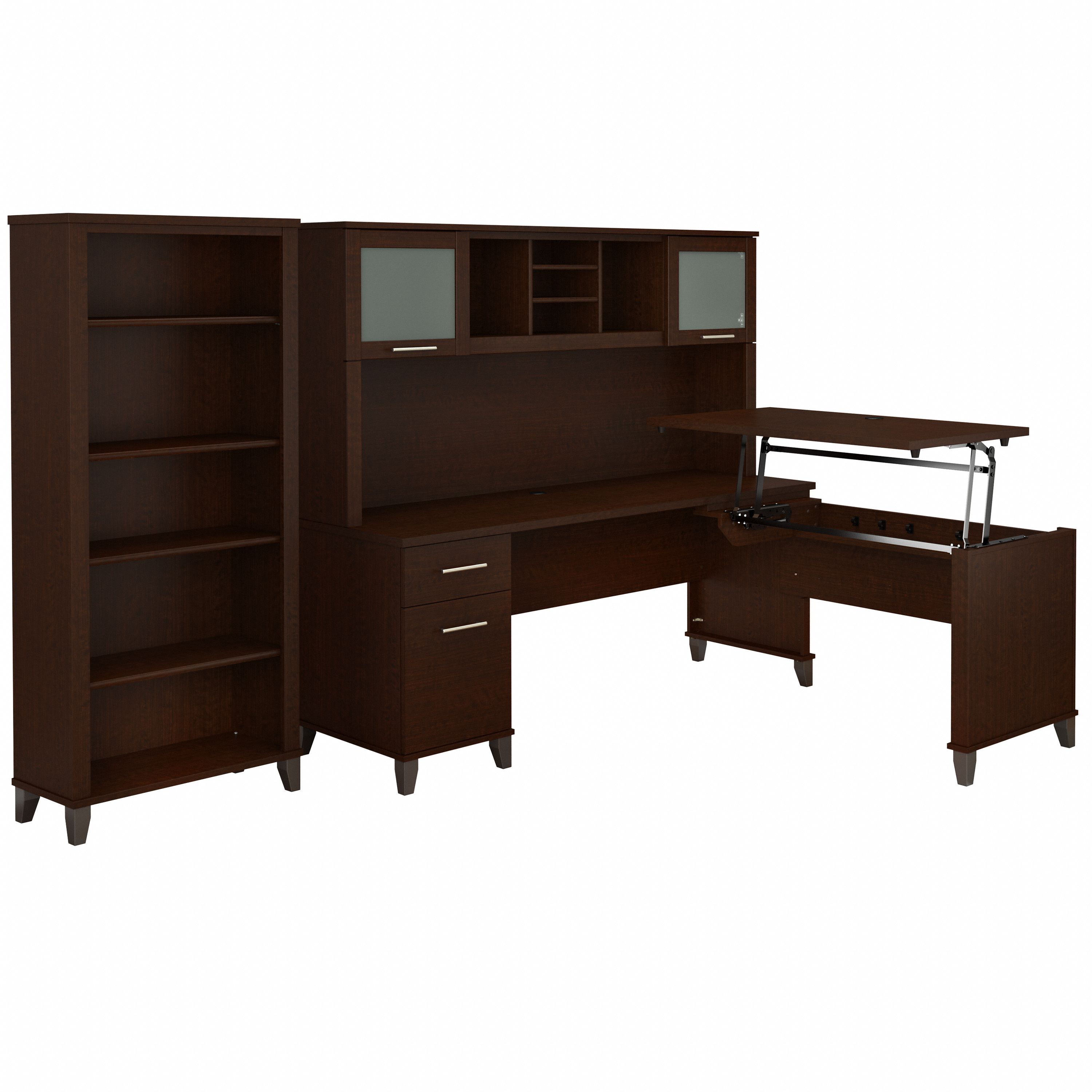 Shop Bush Furniture Somerset 72W 3 Position Sit to Stand L Shaped Desk with Hutch and Bookcase 02 SET017MR #color_mocha cherry