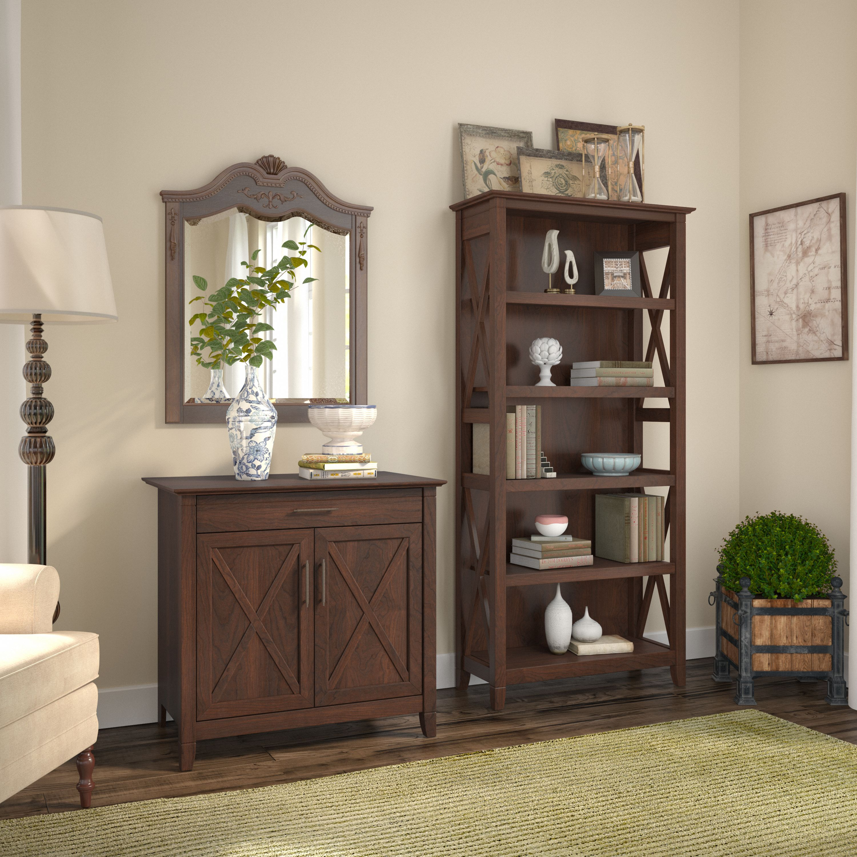 Shop Bush Furniture Key West Secretary Desk with Storage and 5 Shelf Bookcase 01 KWS012BC #color_bing cherry