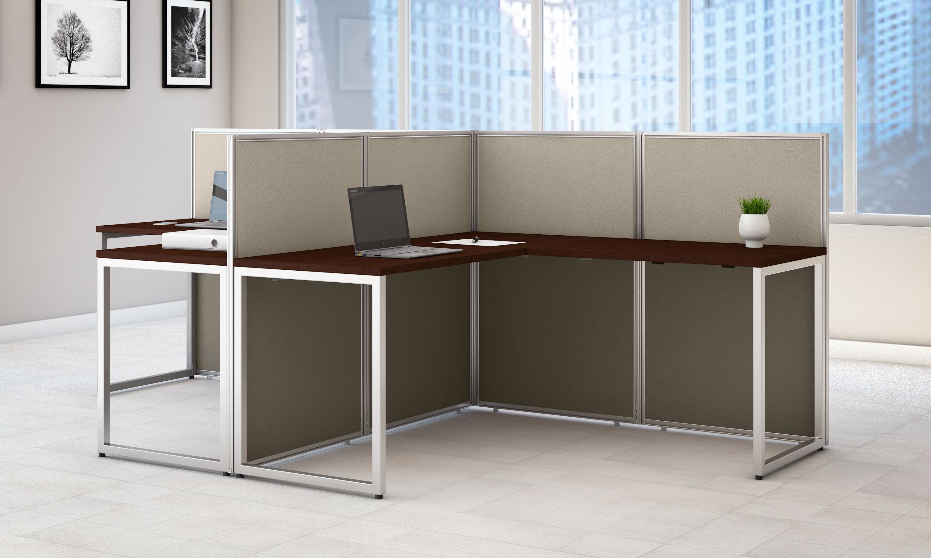 Shop Bush Business Furniture Easy Office 60W 2 Person L Shaped Cubicle Desk Workstation with 45H Panels 01 EOD560MR-03K #color_mocha cherry