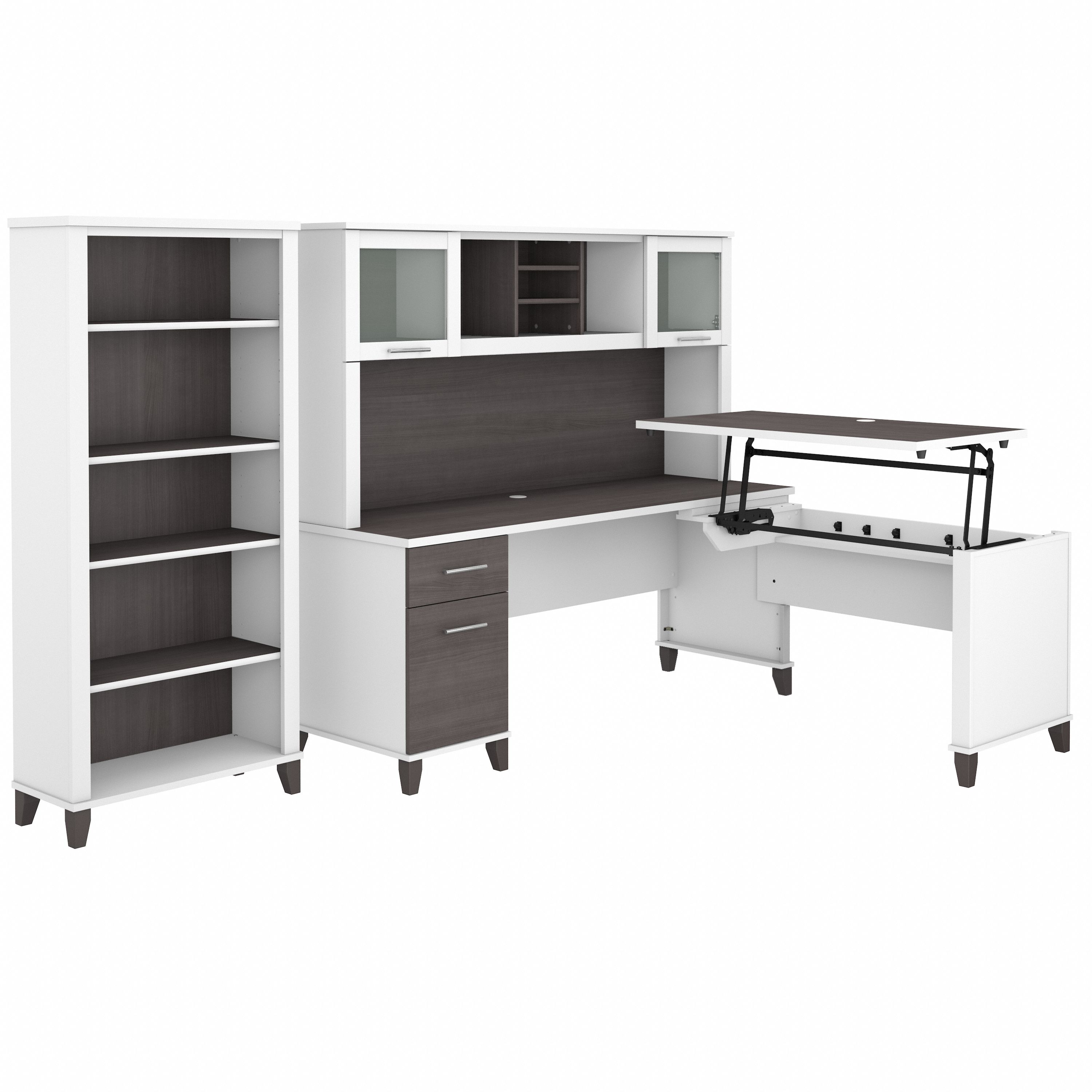 Shop Bush Furniture Somerset 72W 3 Position Sit to Stand L Shaped Desk with Hutch and Bookcase 02 SET017SGWH #color_storm gray/white