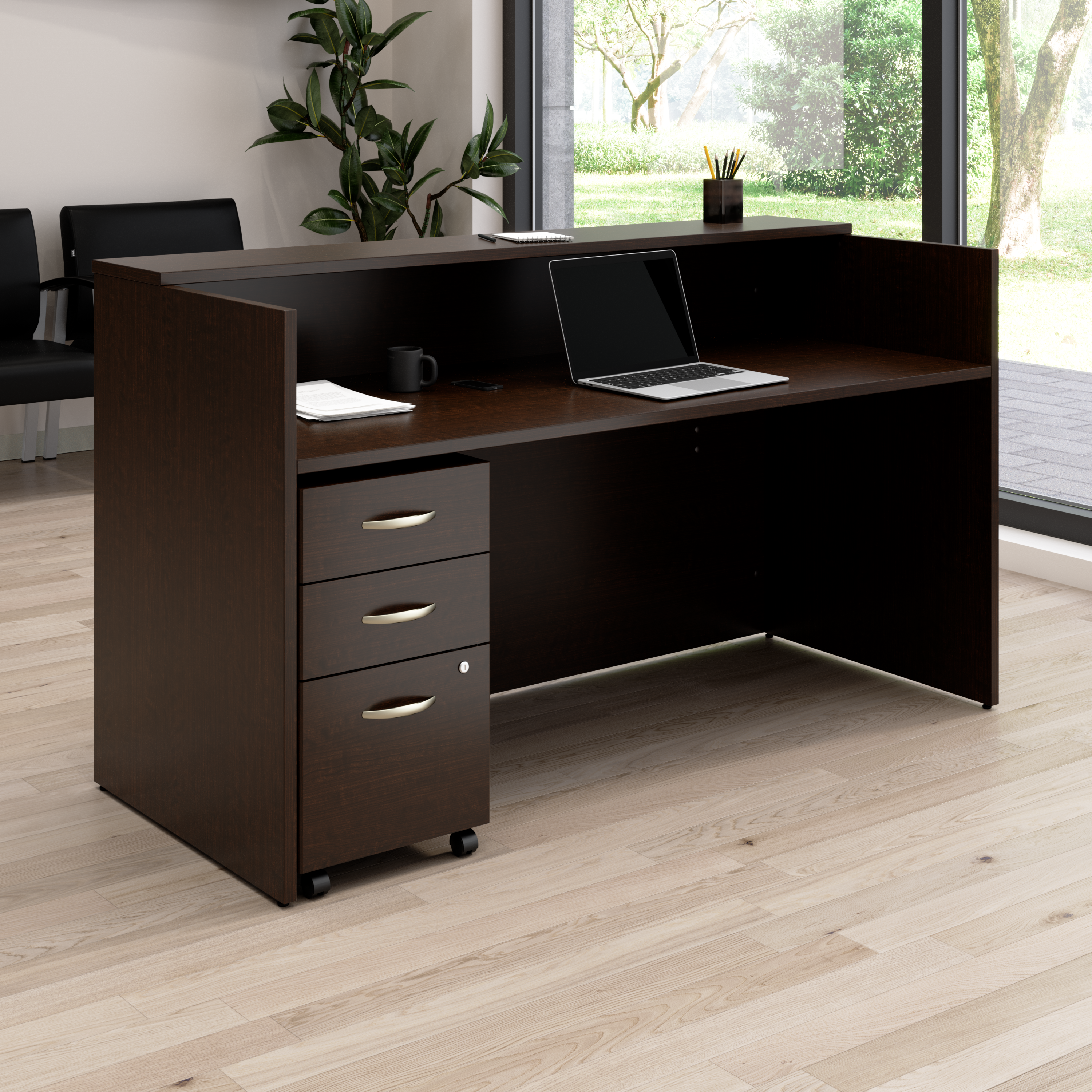 Shop Bush Business Furniture Arrive 72W x 30D Reception Desk with Shelf and Mobile File Cabinet 01 ARV005MR #color_mocha cherry