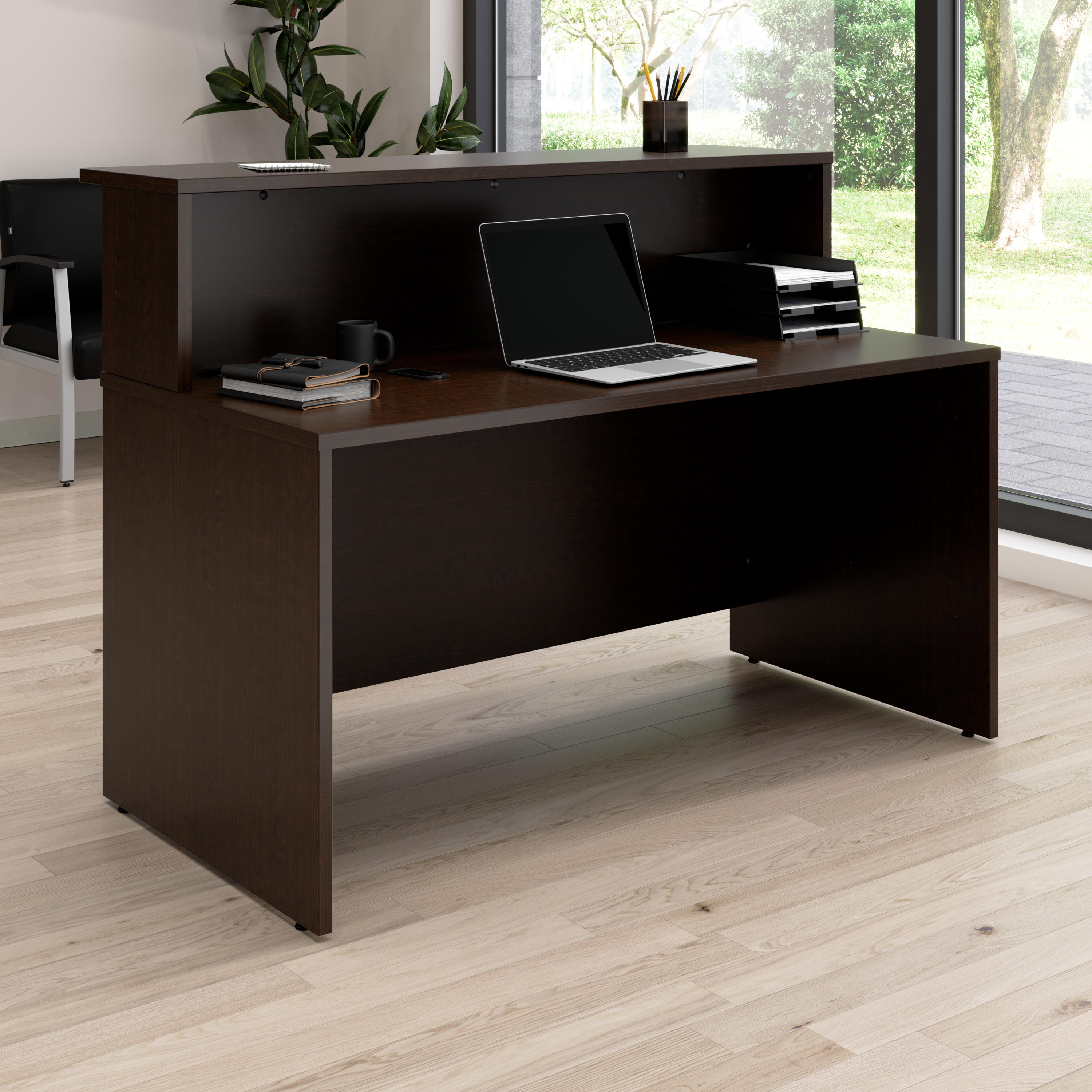 Shop Bush Business Furniture Arrive 60W x 30D Reception Desk with Shelf 01 ARV001MR #color_mocha cherry