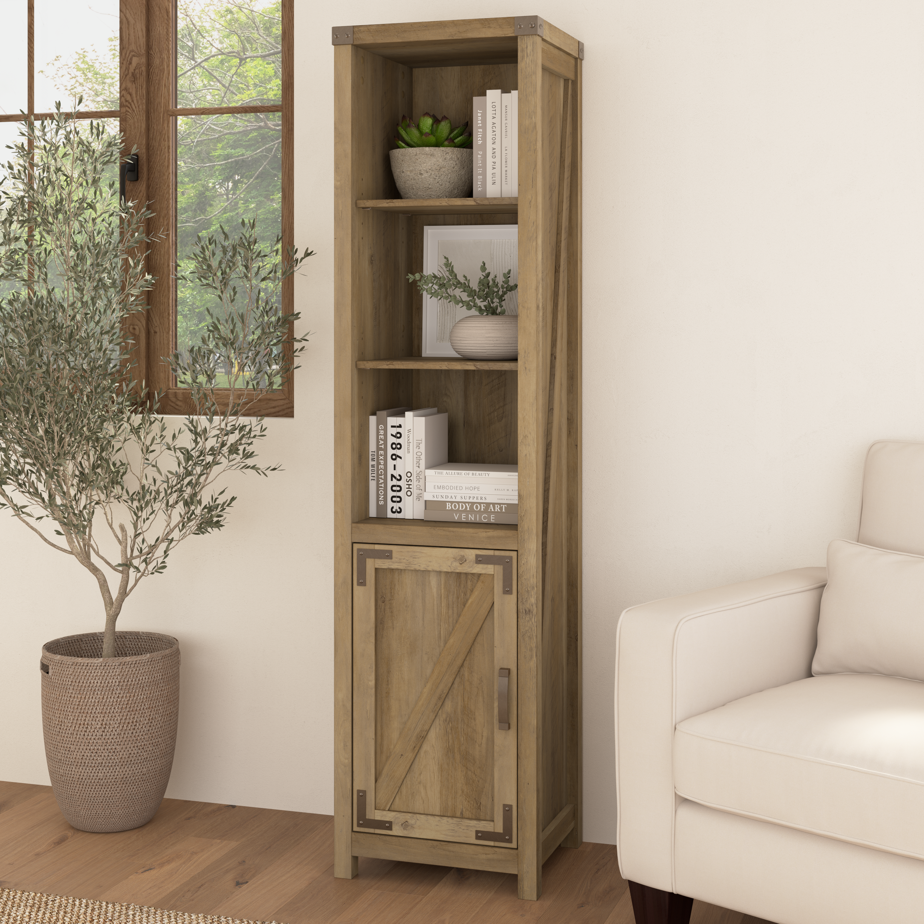 Shop Bush Furniture Knoxville Tall Narrow 5 Shelf Bookcase with Door 01 CGB118RCP-03 #color_reclaimed pine