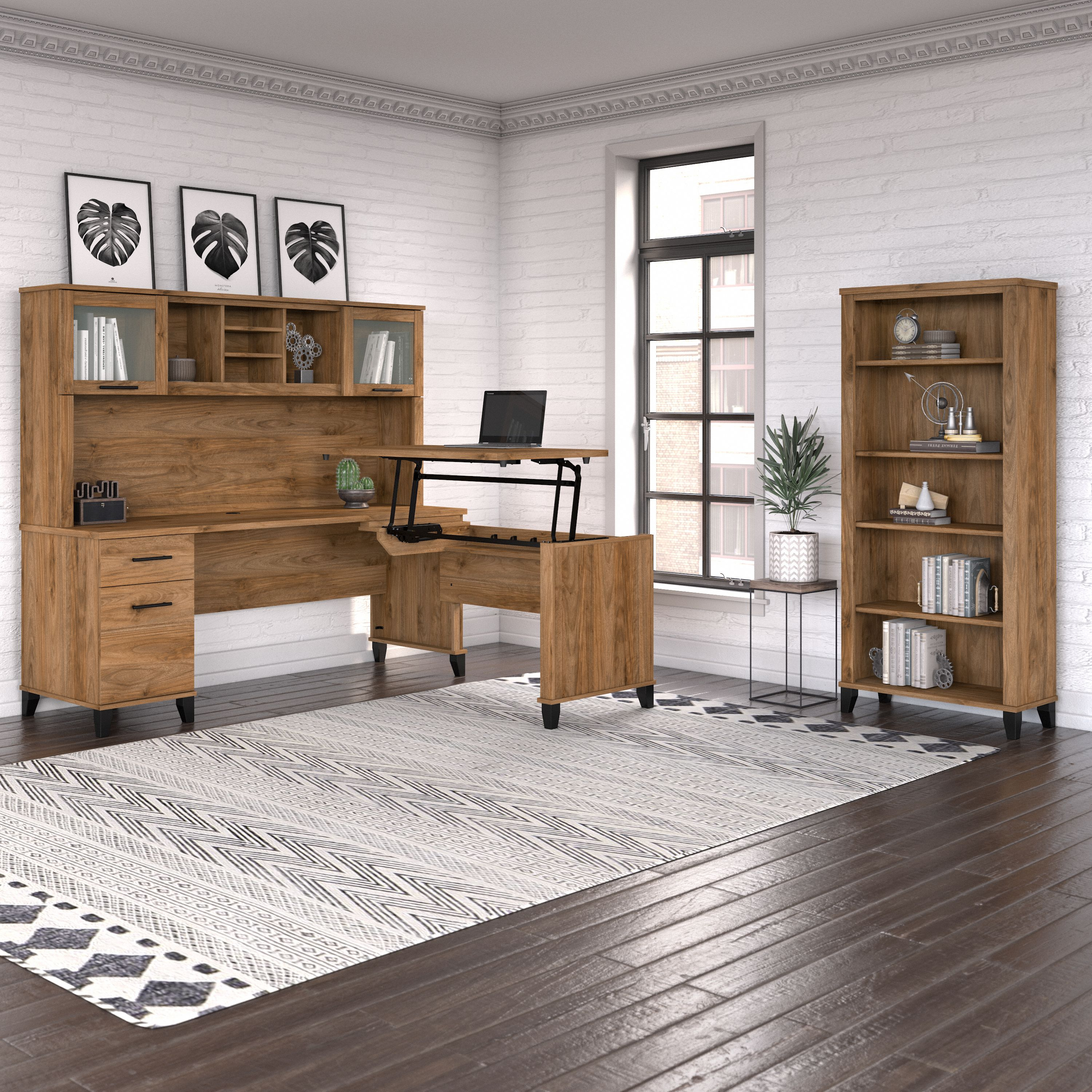 Shop Bush Furniture Somerset 72W 3 Position Sit to Stand L Shaped Desk with Hutch and Bookcase 01 SET017FW #color_fresh walnut