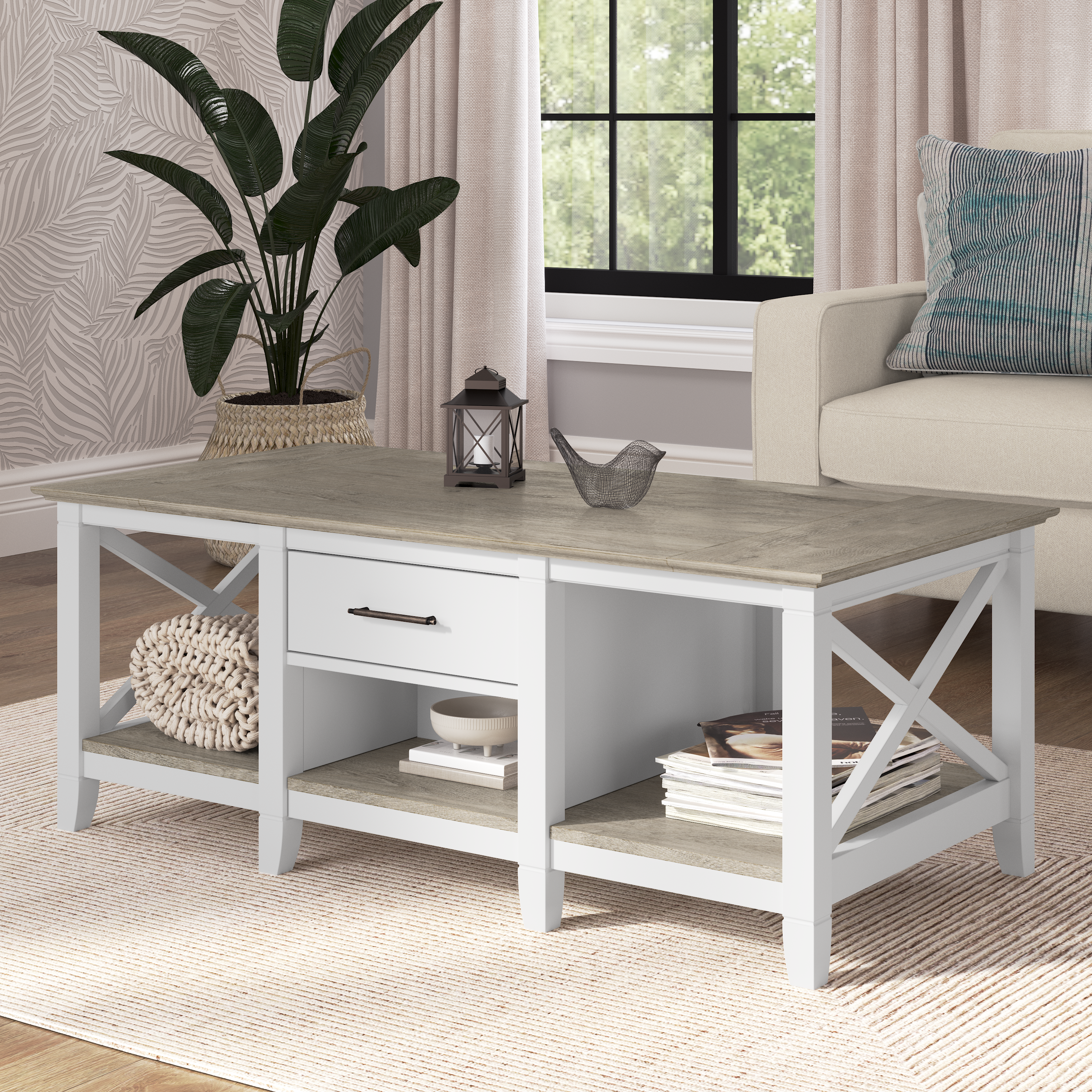 Shop Bush Furniture Key West Coffee Table with Storage 01 KWT148G2W-03 #color_shiplap gray/pure white