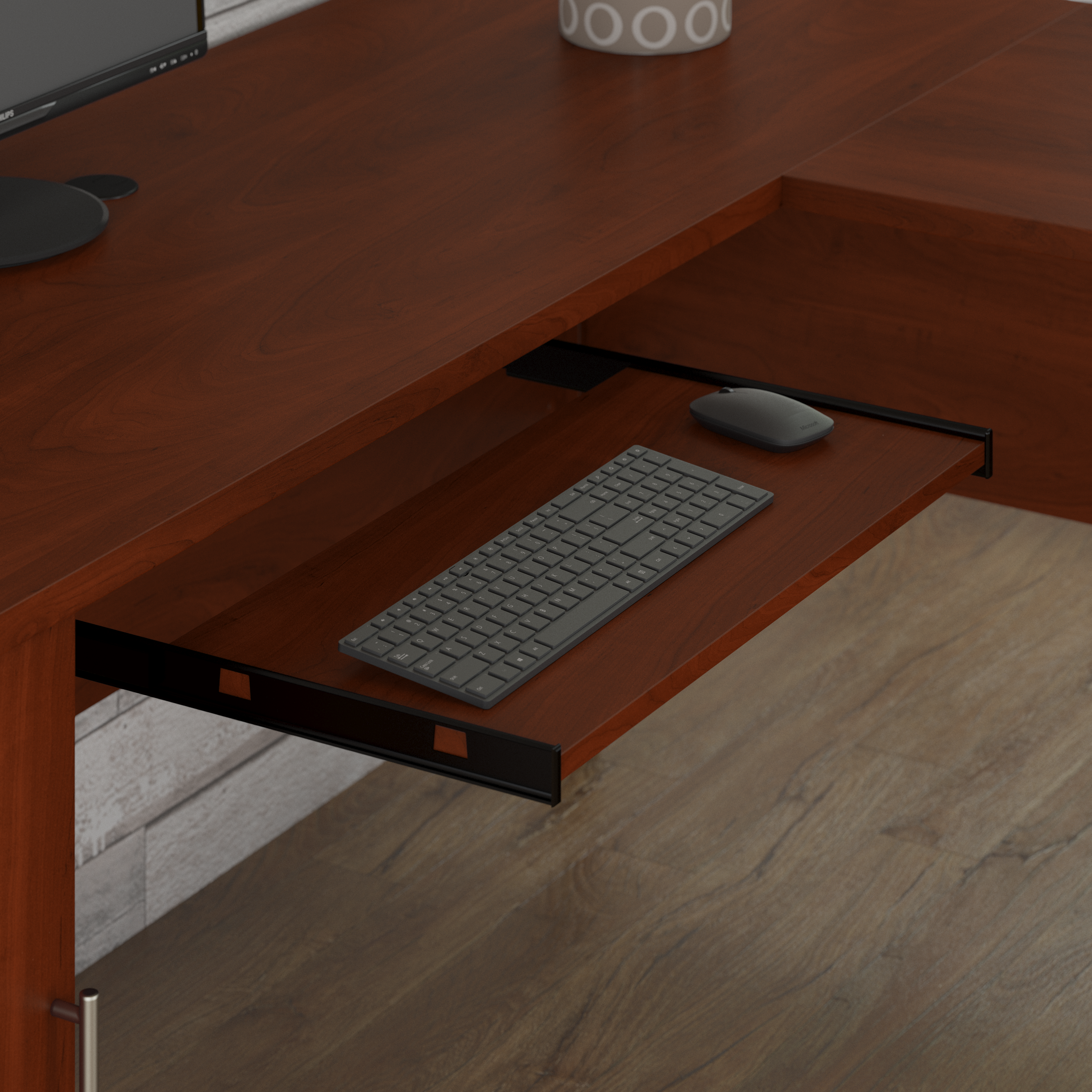 Shop Bush Furniture Somerset 60W L Shaped Desk with Hutch and 5 Shelf Bookcase 03 SET010HC #color_hansen cherry