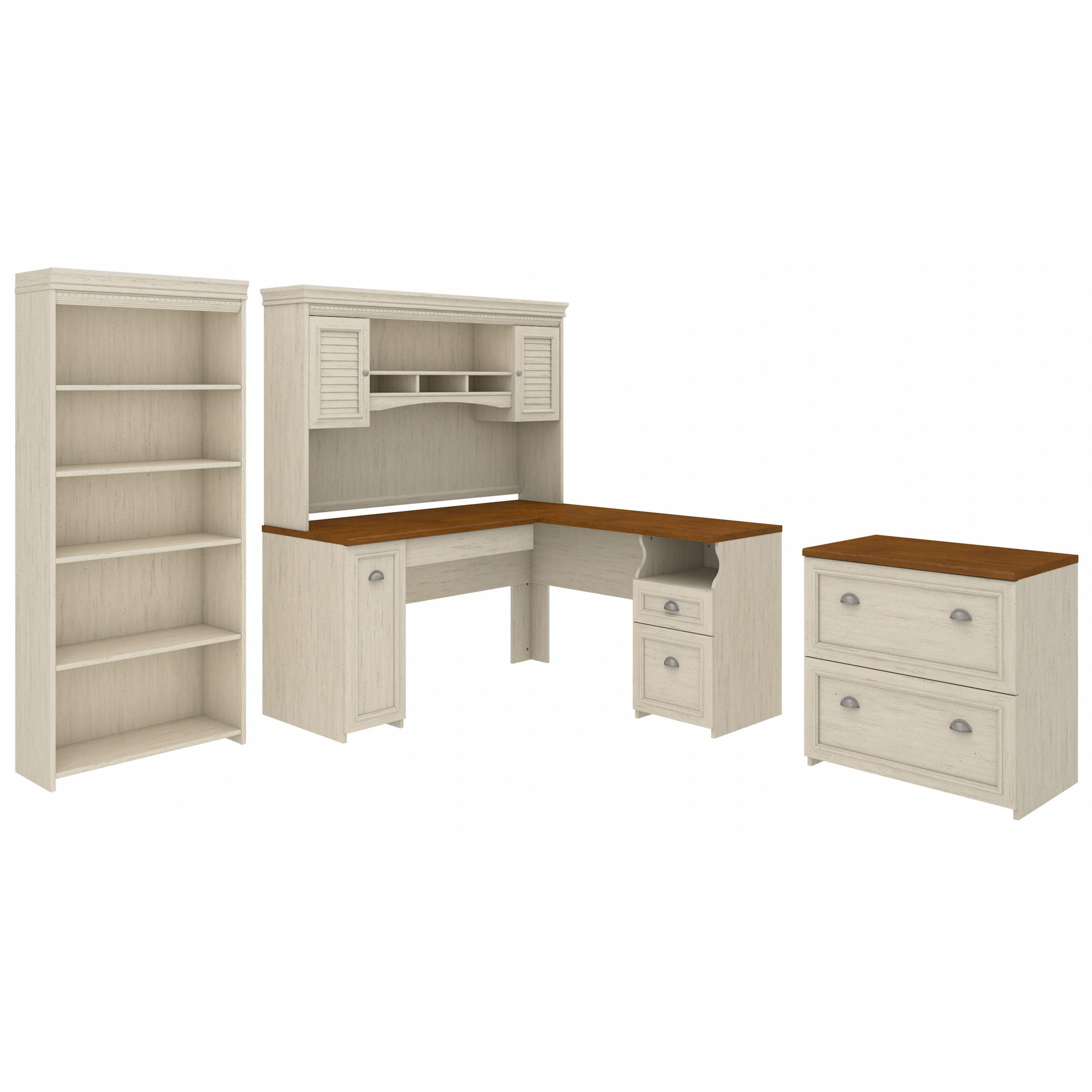 Shop Bush Furniture Fairview 60W L Shaped Desk with Hutch, Lateral File Cabinet and 5 Shelf Bookcase 02 FV006AW #color_antique white