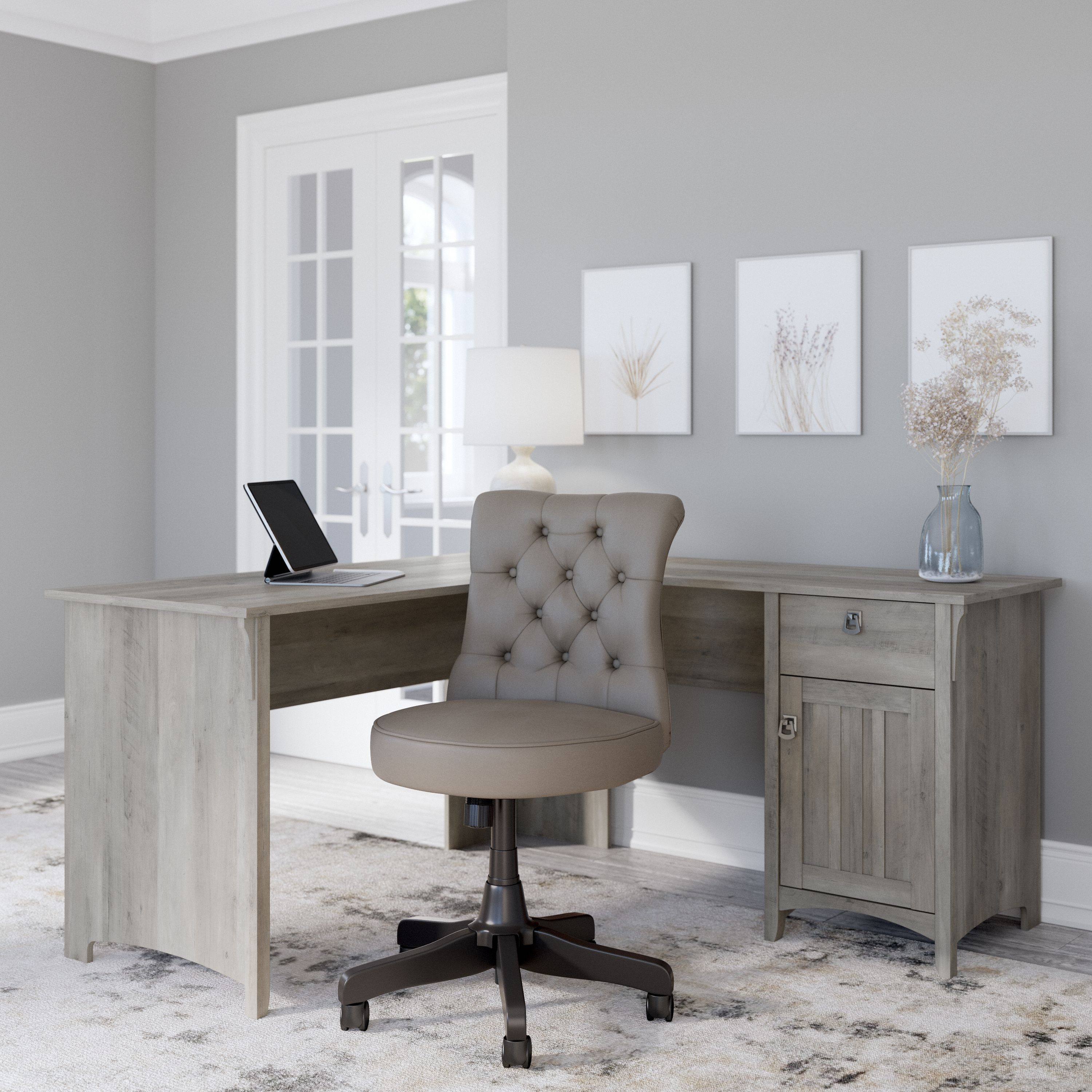 Shop Bush Furniture Salinas 60W L Shaped Desk with Mid Back Tufted Office Chair 01 SAL010DG #color_driftwood gray