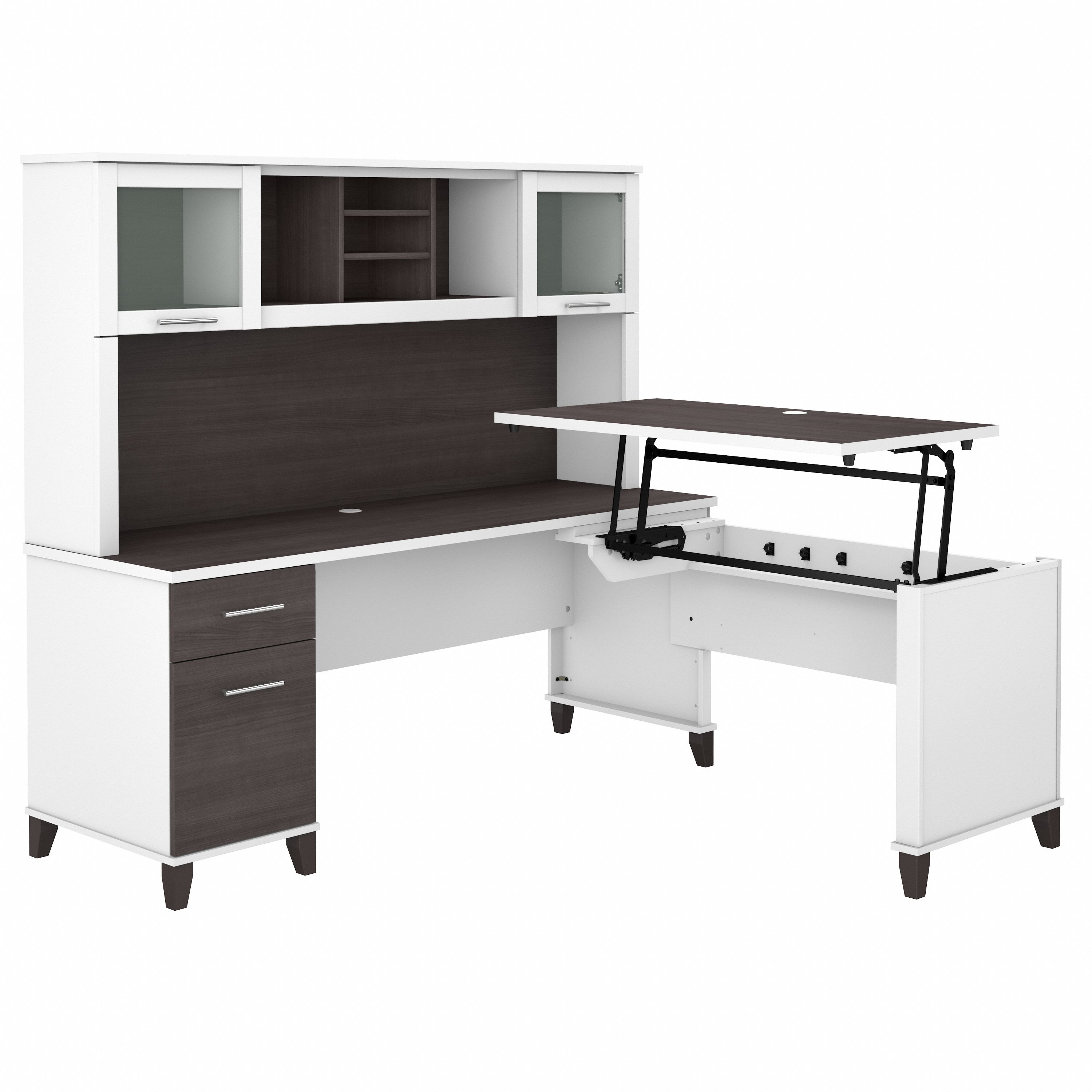 Shop Bush Furniture Somerset 72W 3 Position Sit to Stand L Shaped Desk with Hutch 02 SET015SGWH #color_storm gray/white