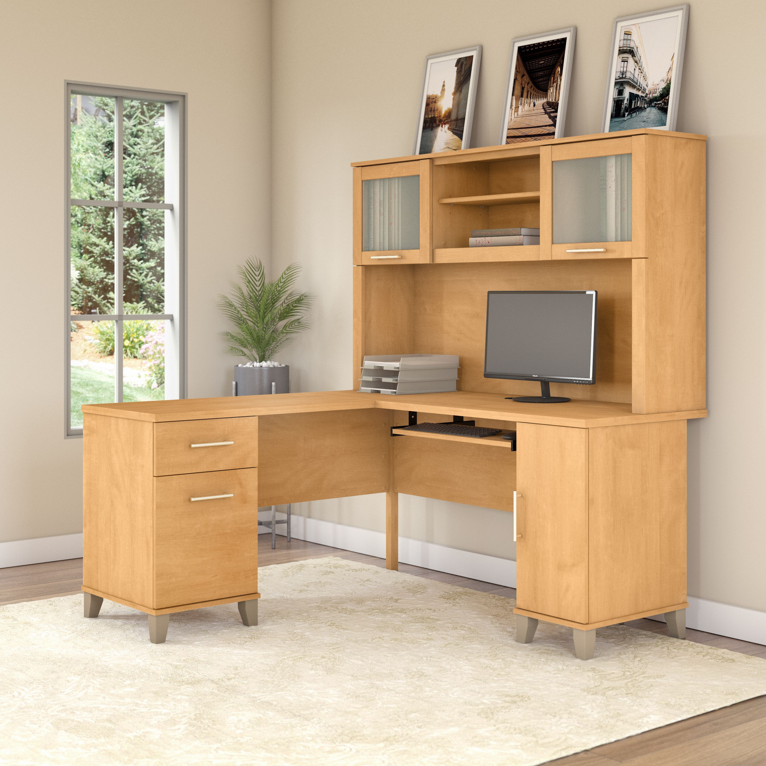 Shop Bush Furniture Somerset 60W L Shaped Desk with Hutch 01 SET002MC #color_maple cross