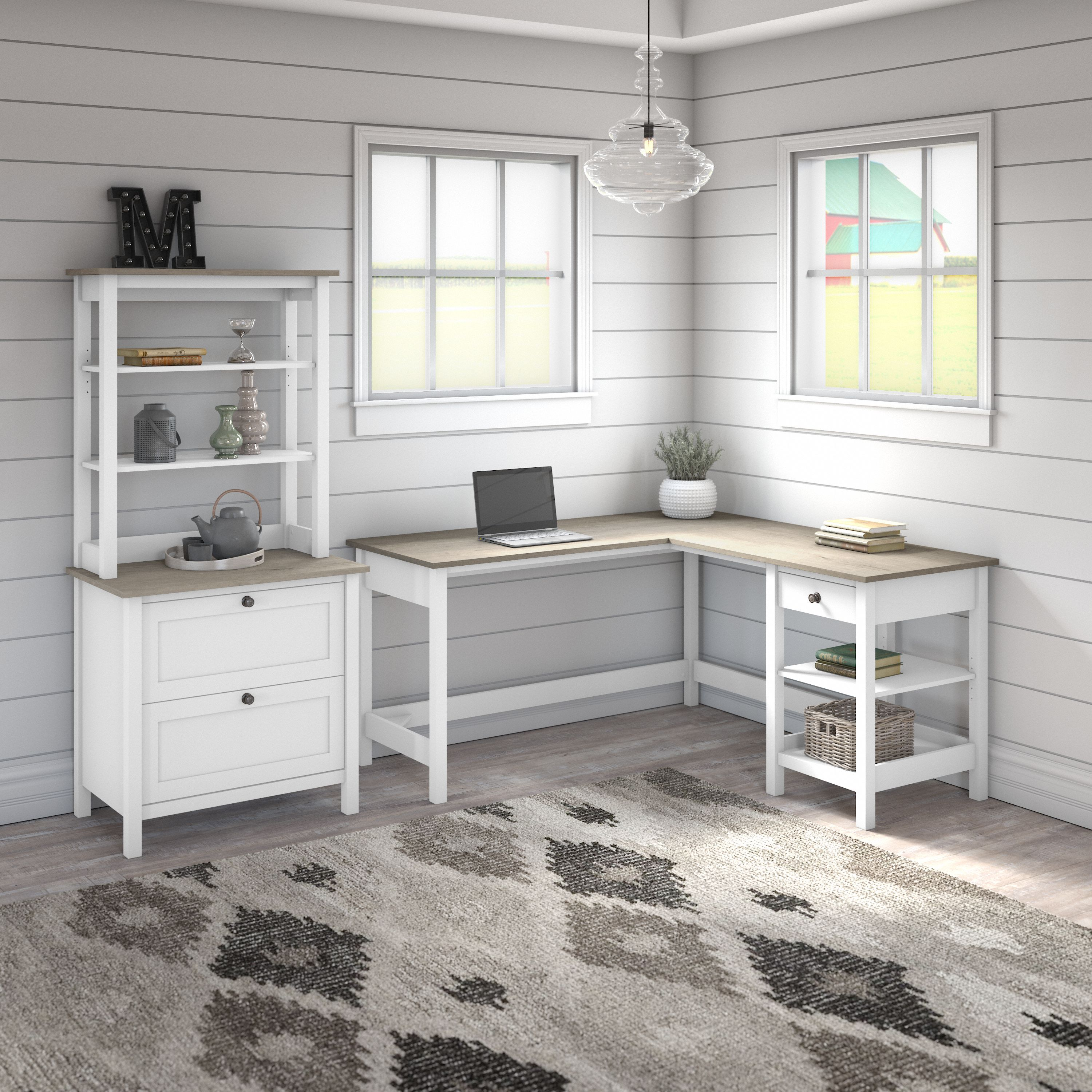 Shop Bush Furniture Mayfield 60W L Shaped Computer Desk with Lateral File Cabinet and Hutch 01 MAY015GW2 #color_shiplap gray